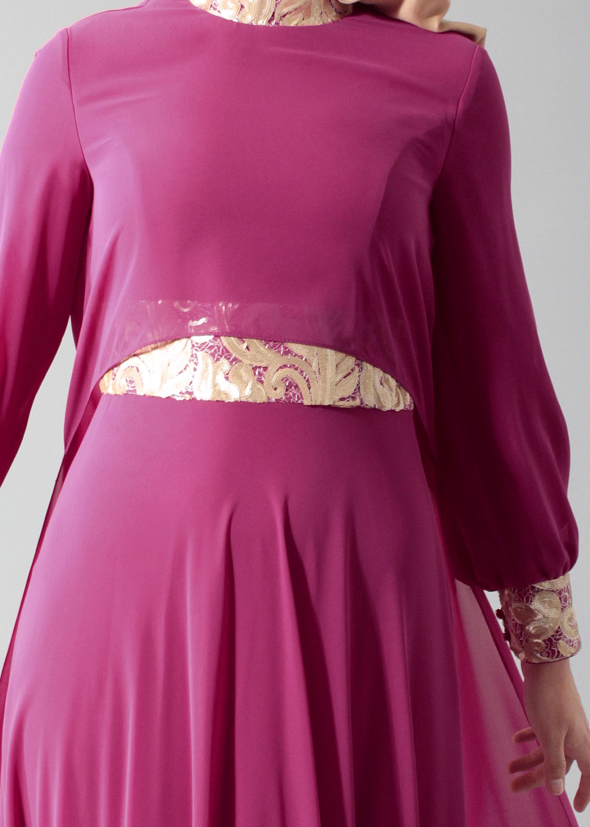 Tesettür giyim FUŞYA İŞLEME DETAYLI ŞİFON ABİYE ELBİSE 5278