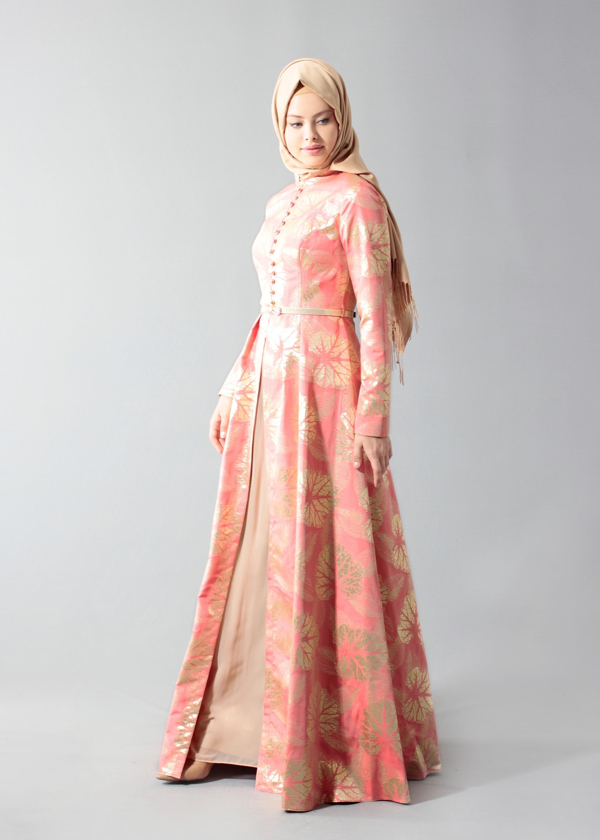 Tesettür giyim MERCAN DESENLİ TAŞ DETAYLI ABİYE ELBİSE 5284