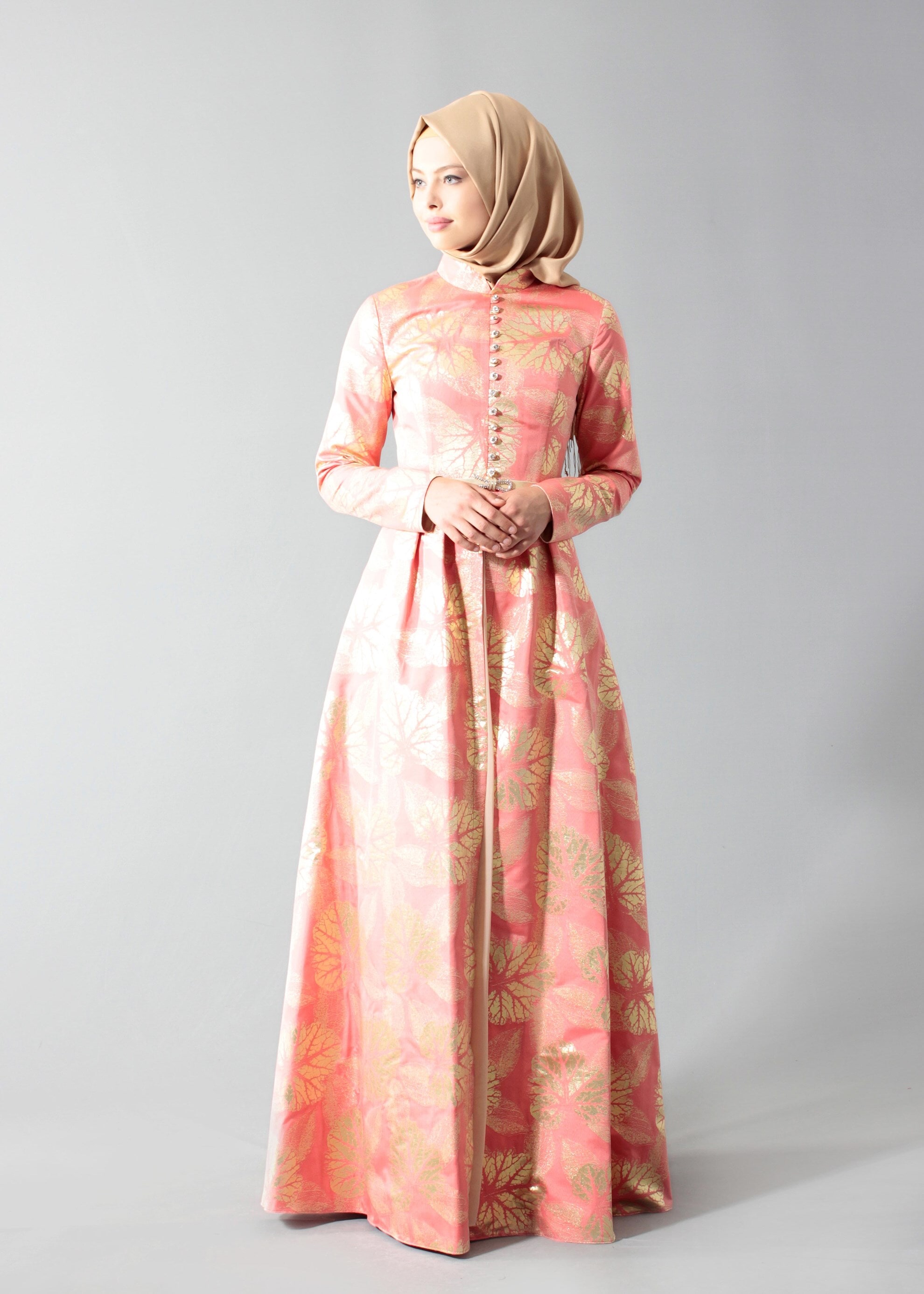 Tesettür giyim MERCAN DESENLİ TAŞ DETAYLI ABİYE ELBİSE 5284