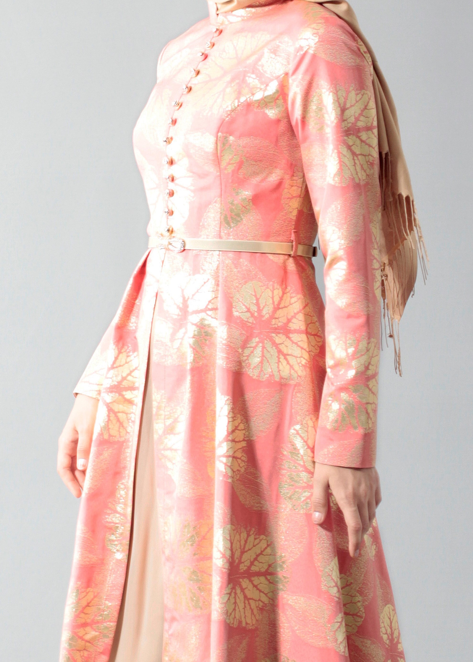 Tesettür giyim MERCAN DESENLİ TAŞ DETAYLI ABİYE ELBİSE 5284