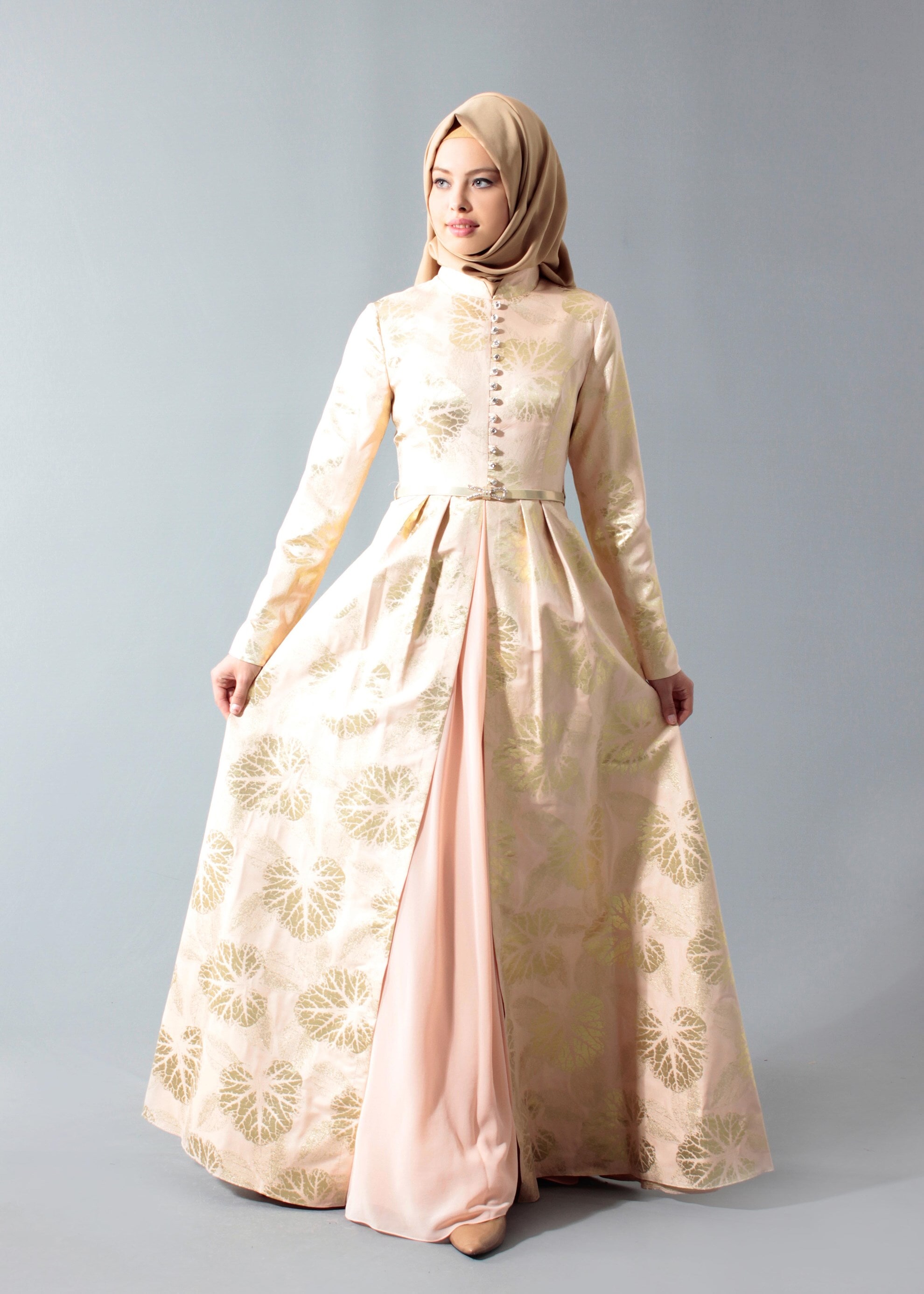 Tesettür giyim PUDRA DESENLİ TAŞ DETAYLI ABİYE ELBİSE 5284