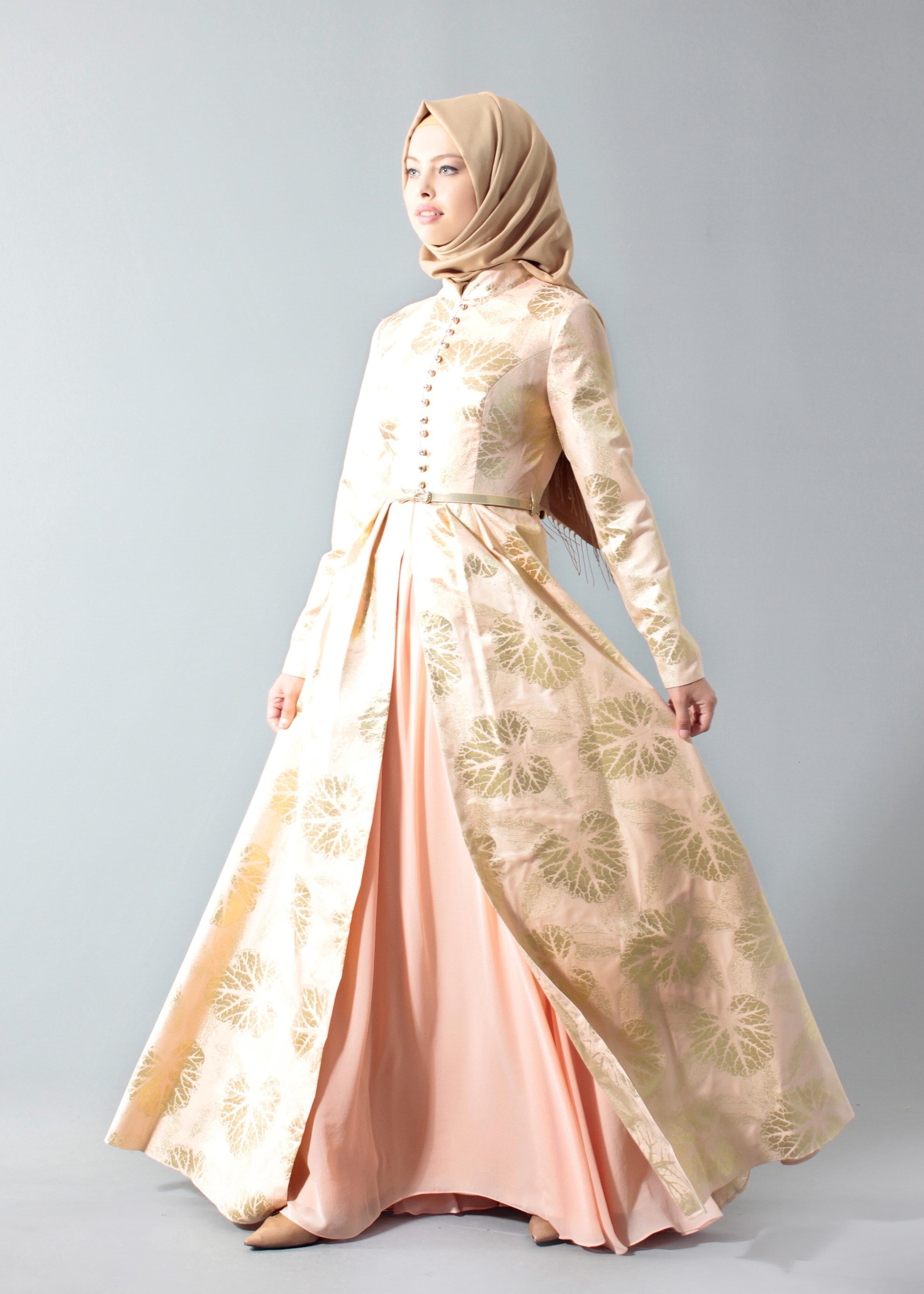 Tesettür giyim PUDRA DESENLİ TAŞ DETAYLI ABİYE ELBİSE 5284