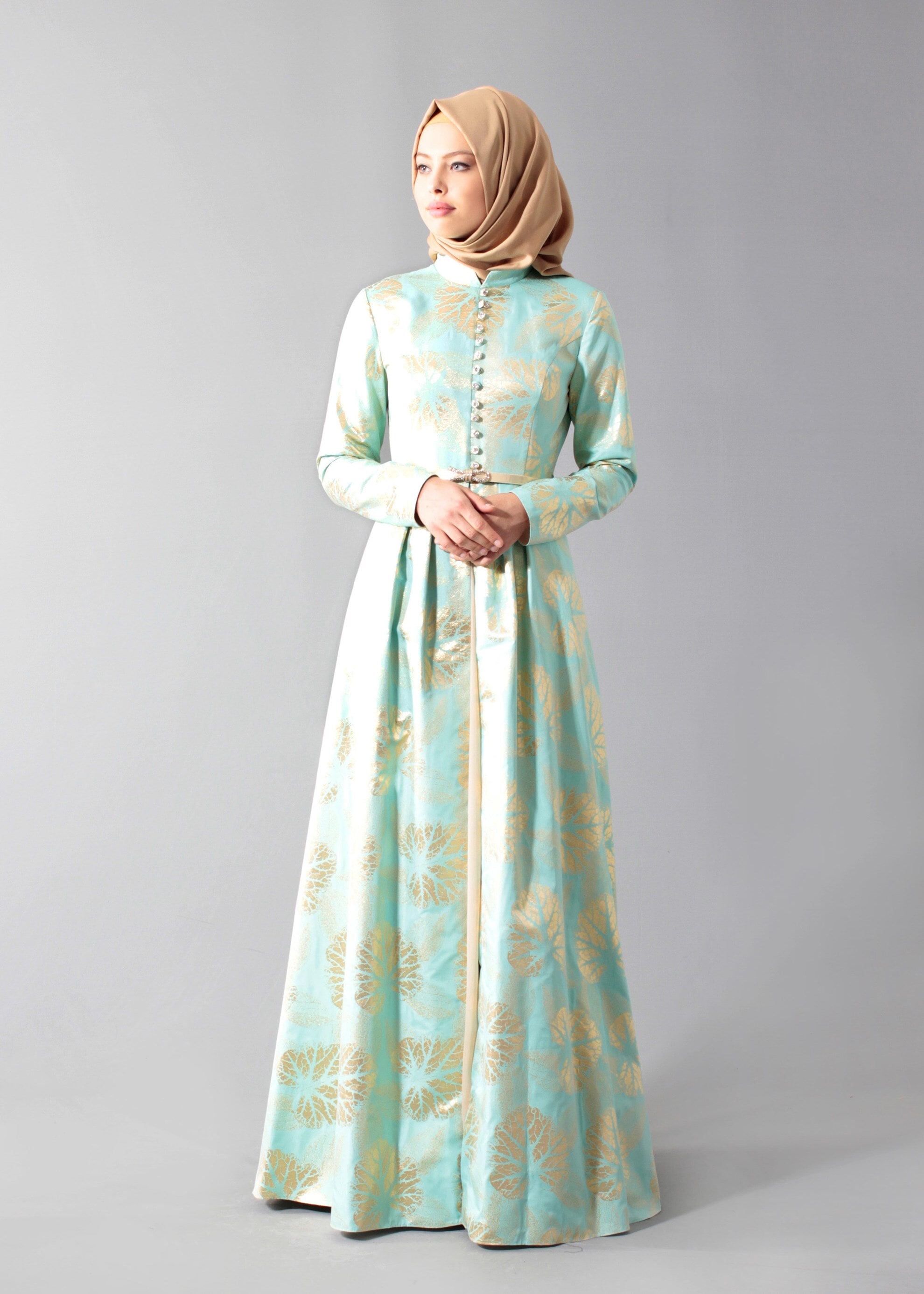 Tesettür giyim YEŞİL DESENLİ TAŞ DETAYLI ABİYE ELBİSE 5284