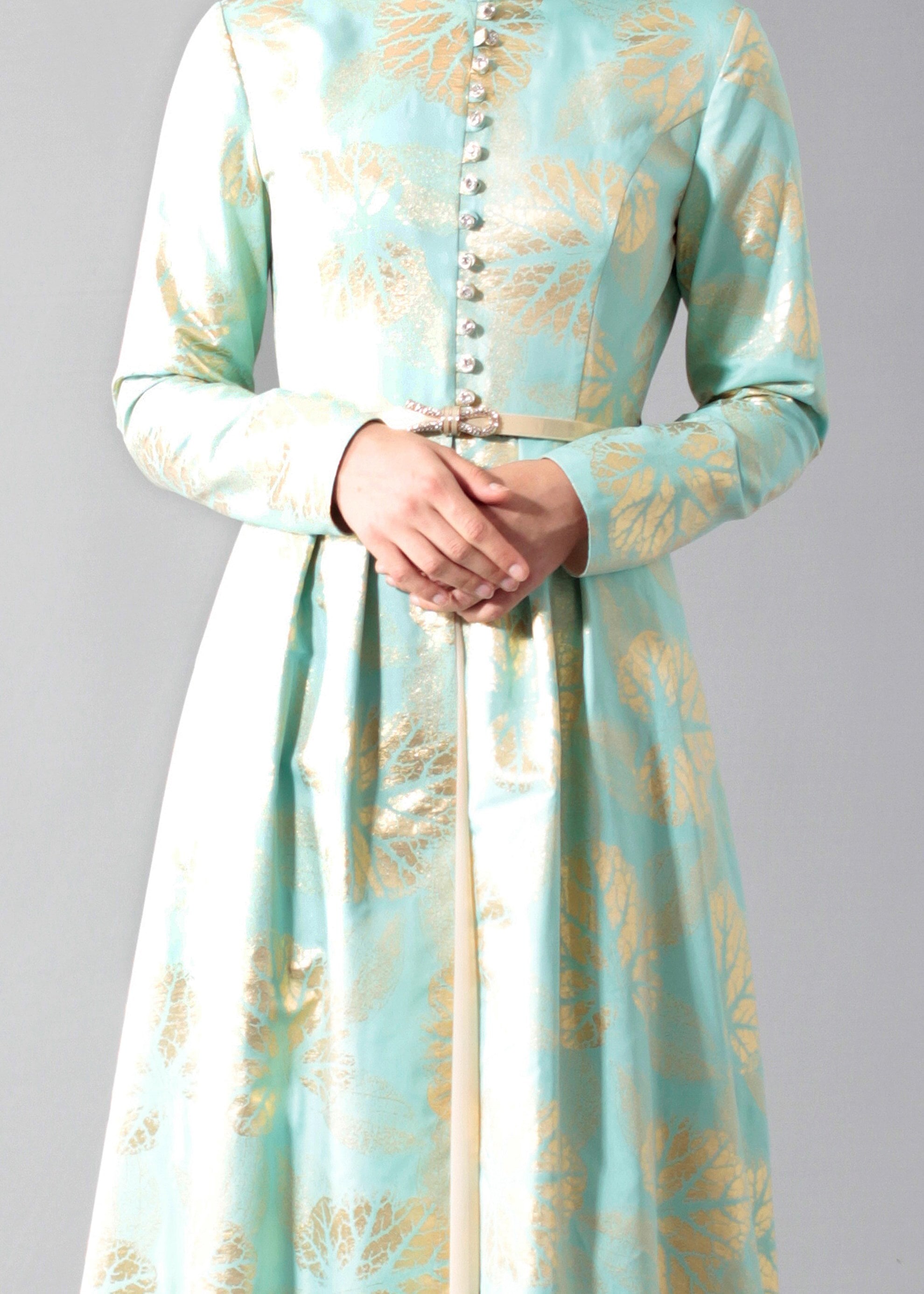 Tesettür giyim YEŞİL DESENLİ TAŞ DETAYLI ABİYE ELBİSE 5284