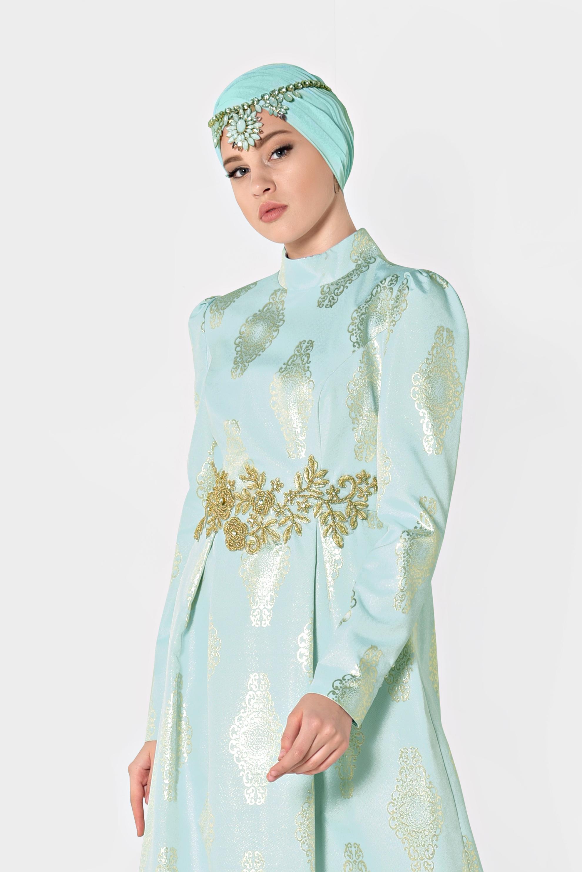 Tesettür giyim MAVİ BONCUK DETAYLI JAKAR ABİYE ELBİSE 5290