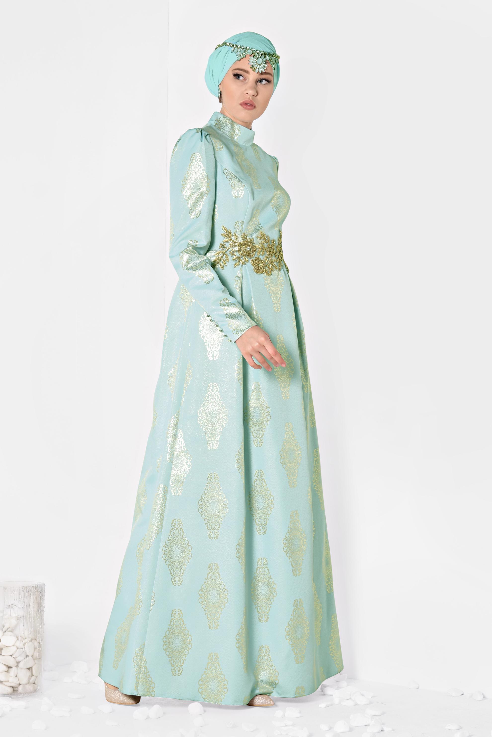 Tesettür giyim MAVİ BONCUK DETAYLI JAKAR ABİYE ELBİSE 5290