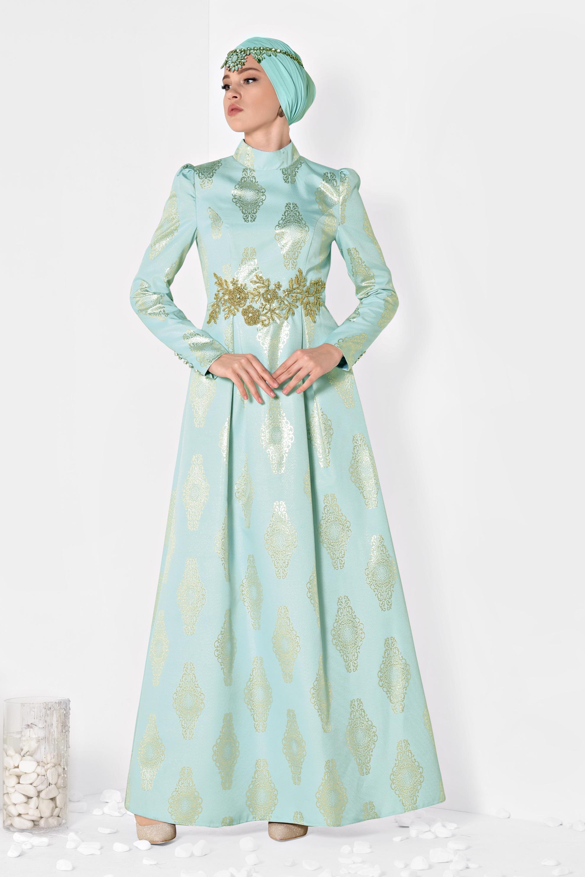 Tesettür giyim MAVİ BONCUK DETAYLI JAKAR ABİYE ELBİSE 5290