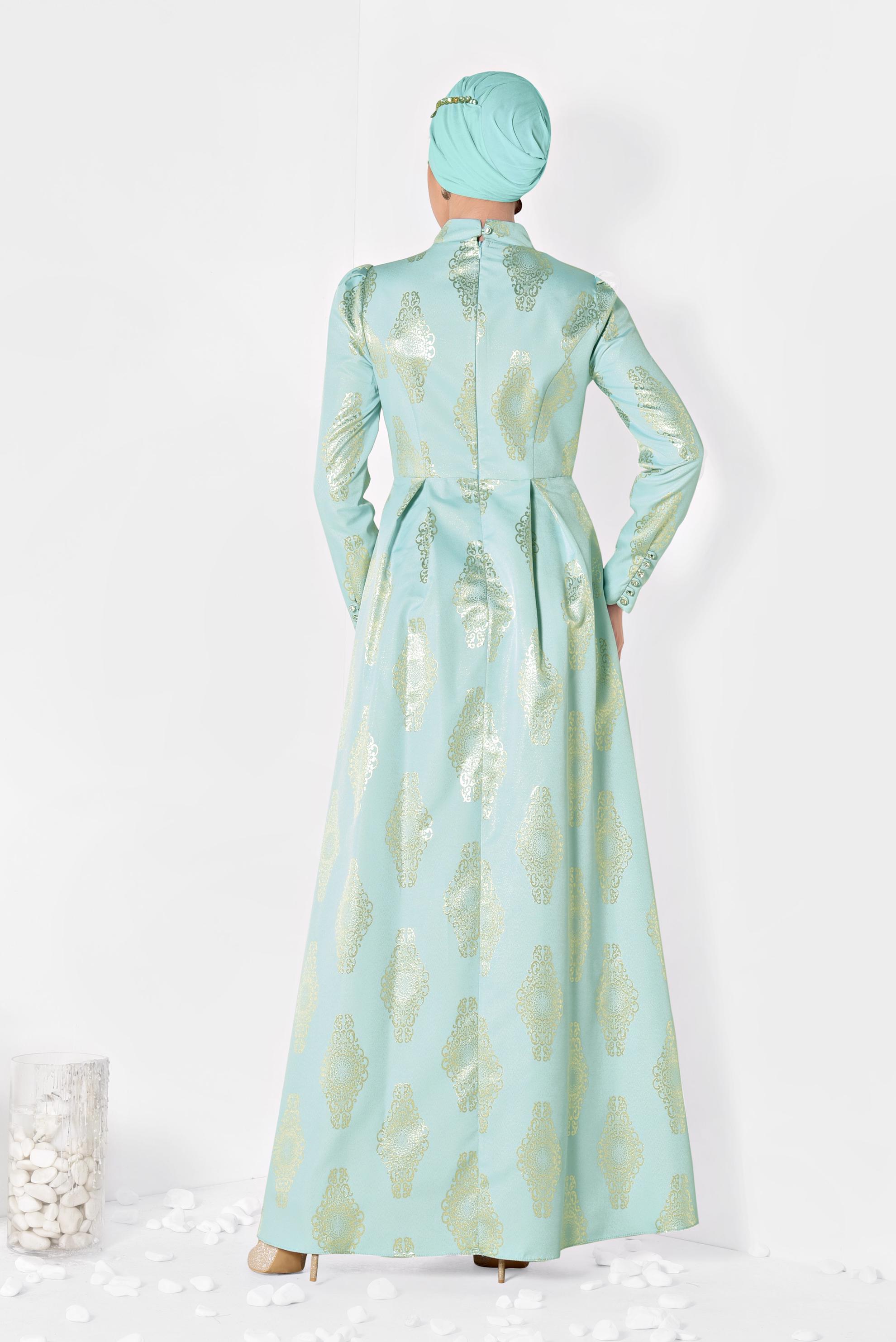 Tesettür giyim MAVİ BONCUK DETAYLI JAKAR ABİYE ELBİSE 5290