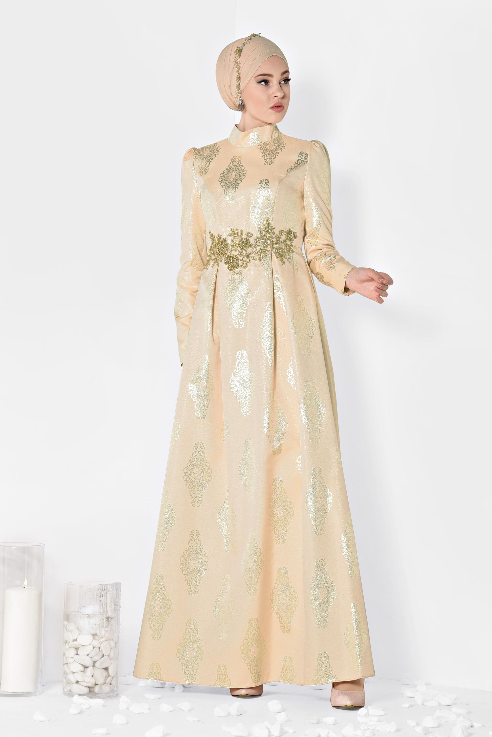Tesettür giyim PUDRA BONCUK DETAYLI JAKAR ABİYE ELBİSE 5290