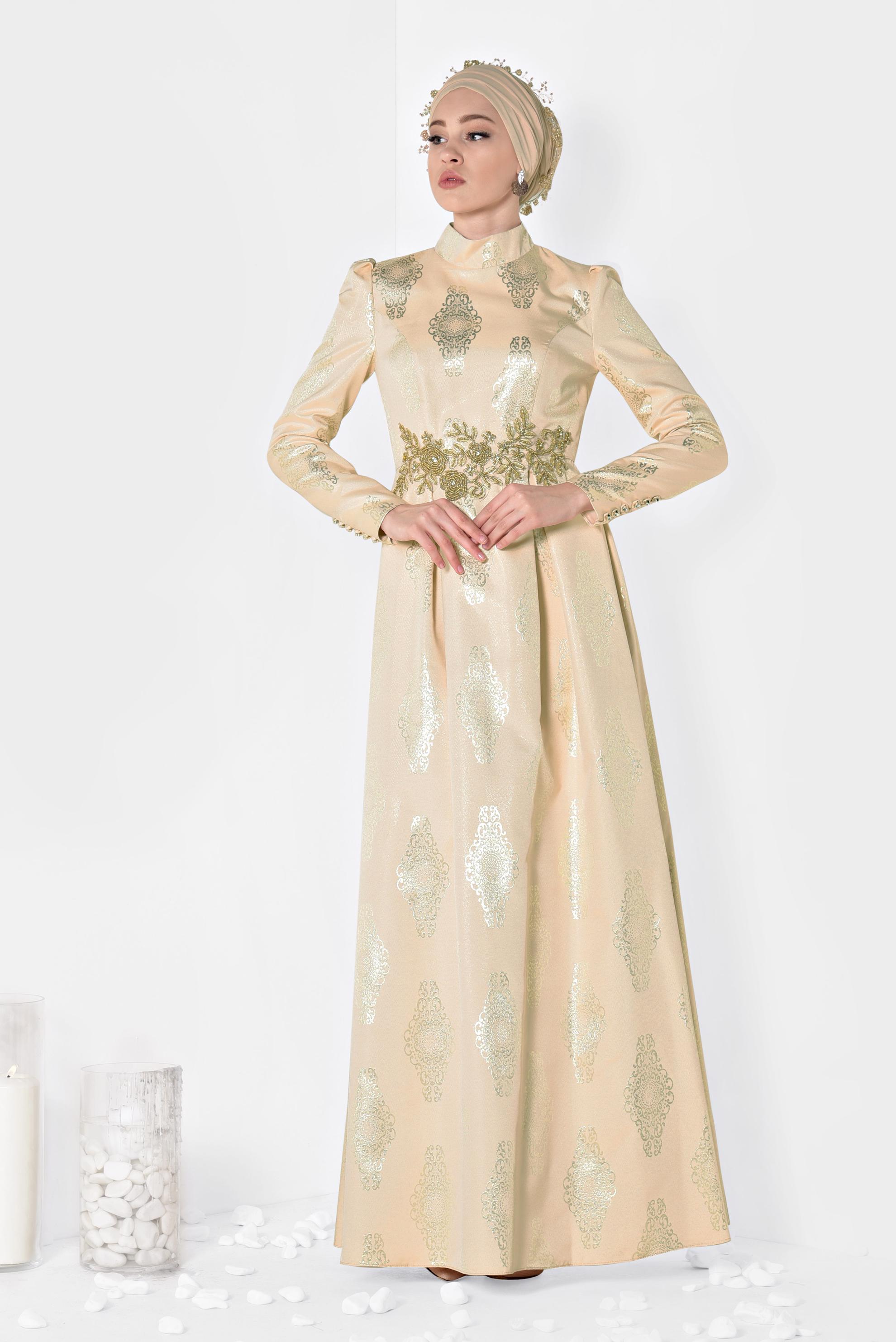Tesettür giyim PUDRA BONCUK DETAYLI JAKAR ABİYE ELBİSE 5290