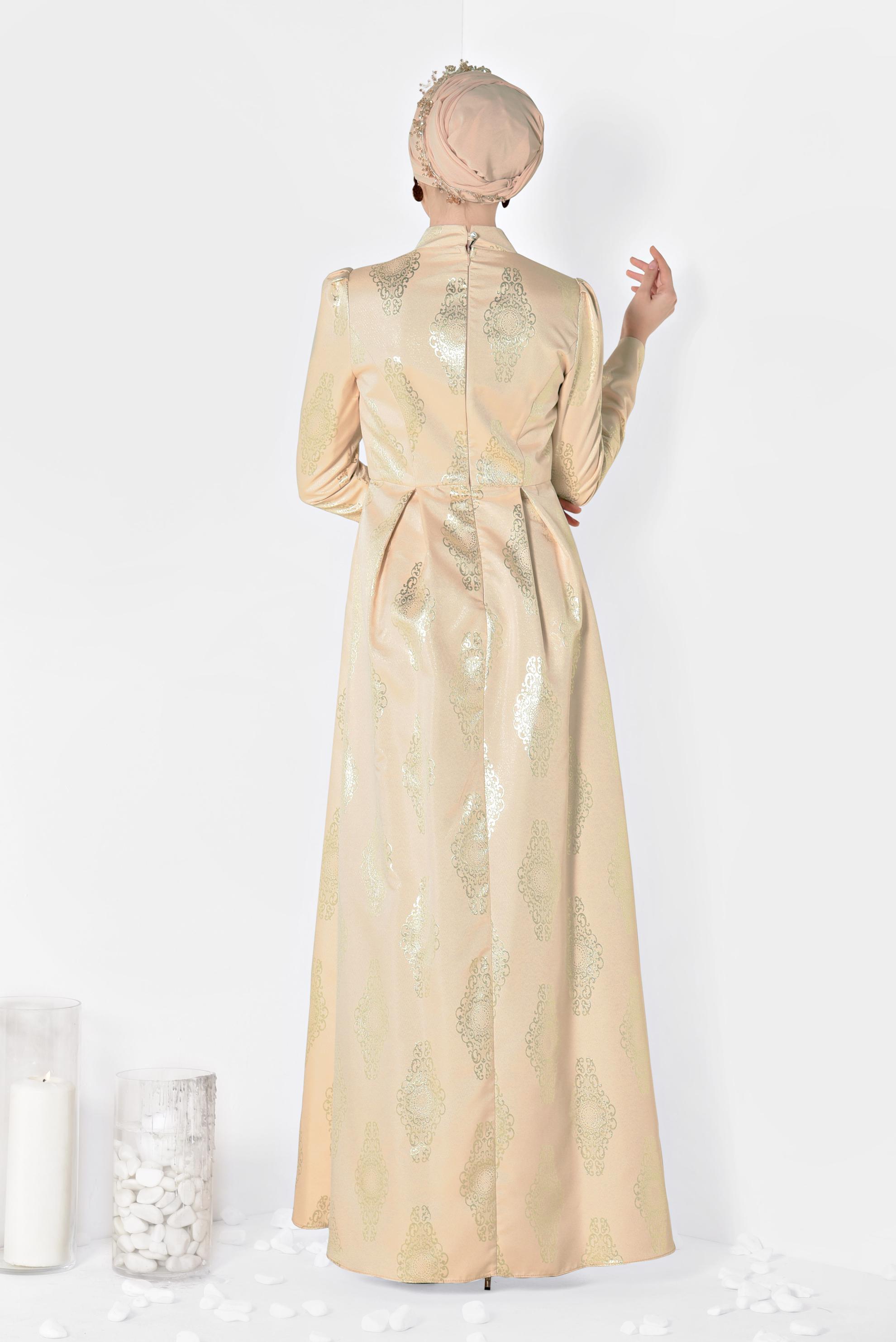 Tesettür giyim PUDRA BONCUK DETAYLI JAKAR ABİYE ELBİSE 5290