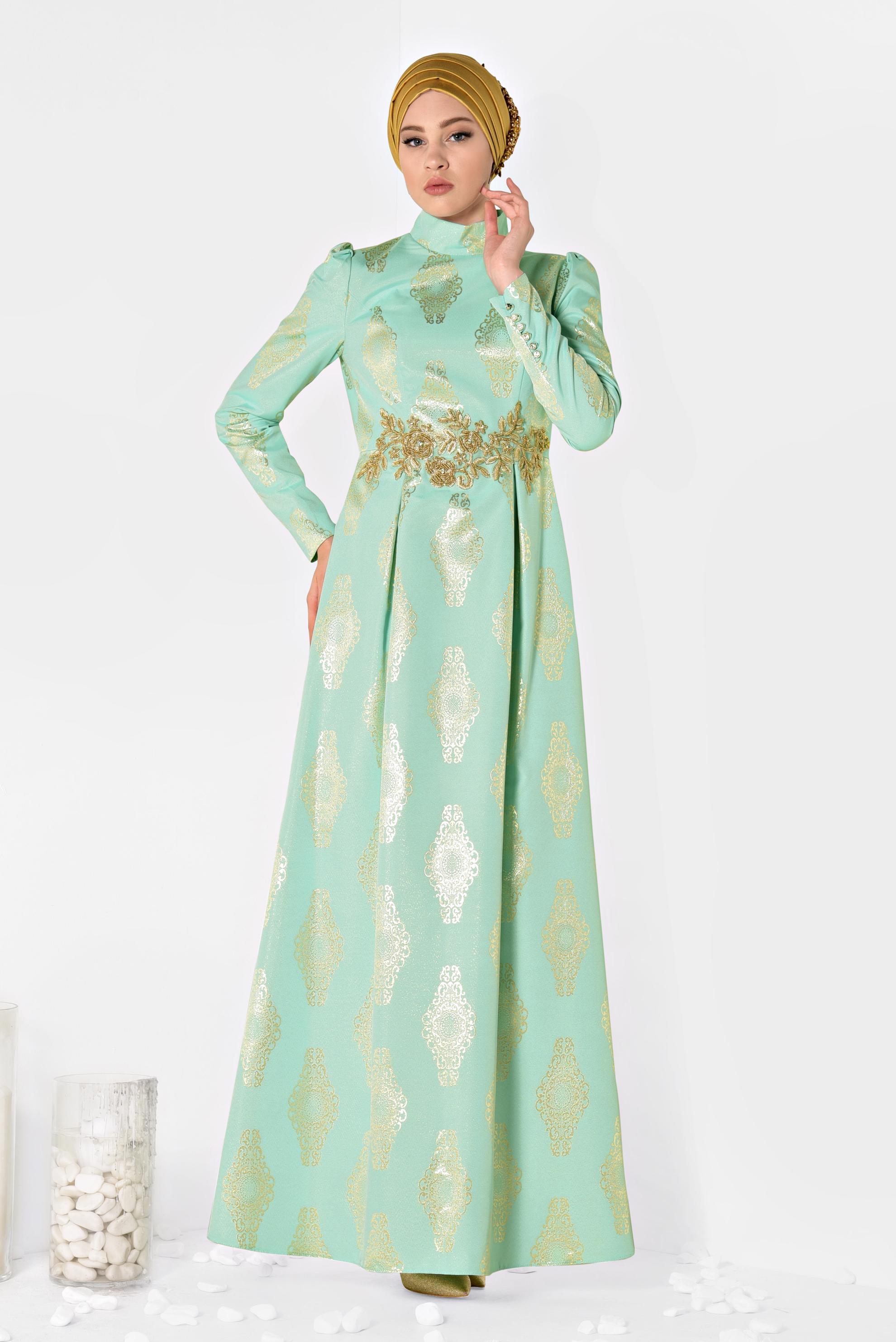 Tesettür giyim YEŞİL BONCUK DETAYLI JAKAR ABİYE ELBİSE 5290