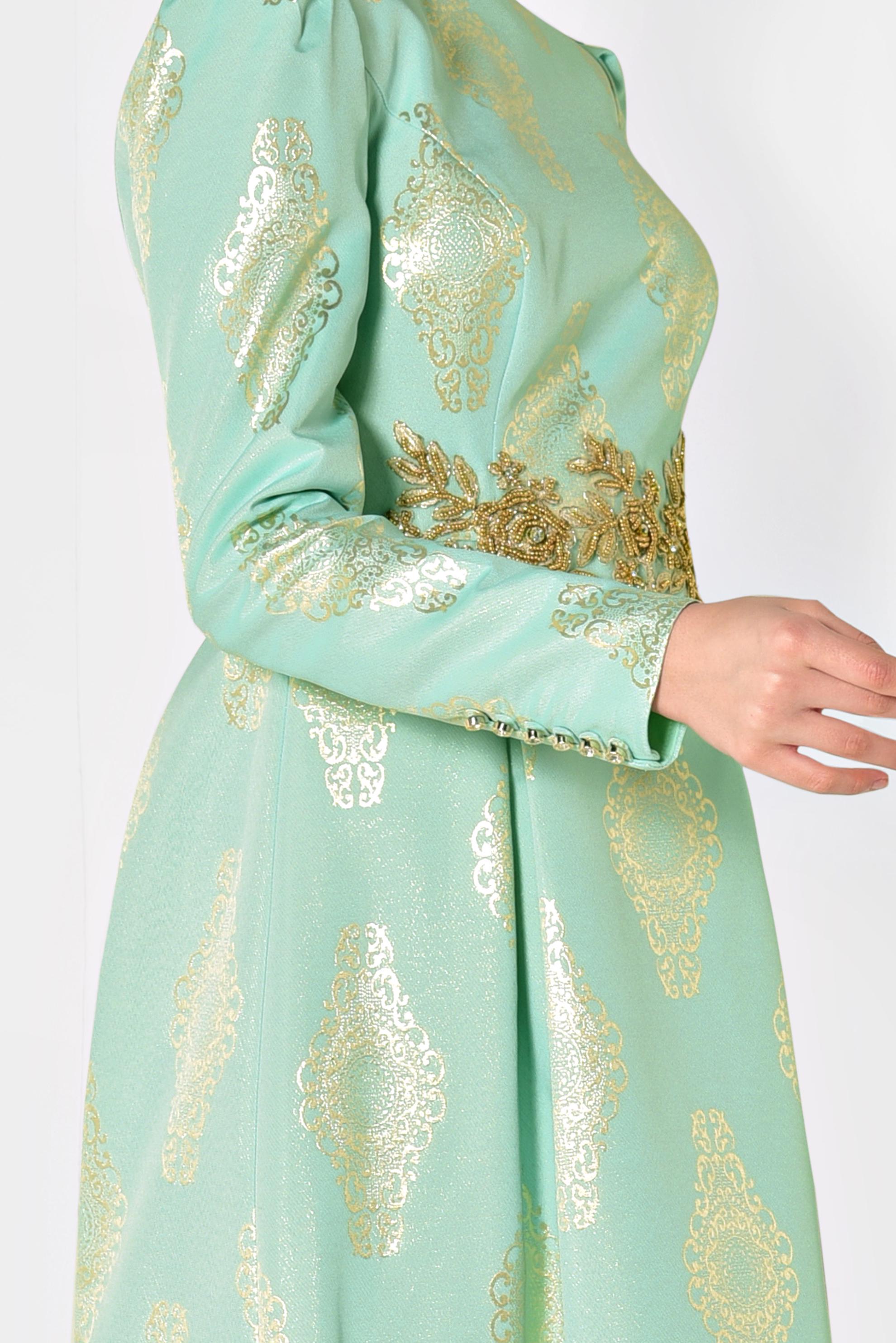 Tesettür giyim YEŞİL BONCUK DETAYLI JAKAR ABİYE ELBİSE 5290