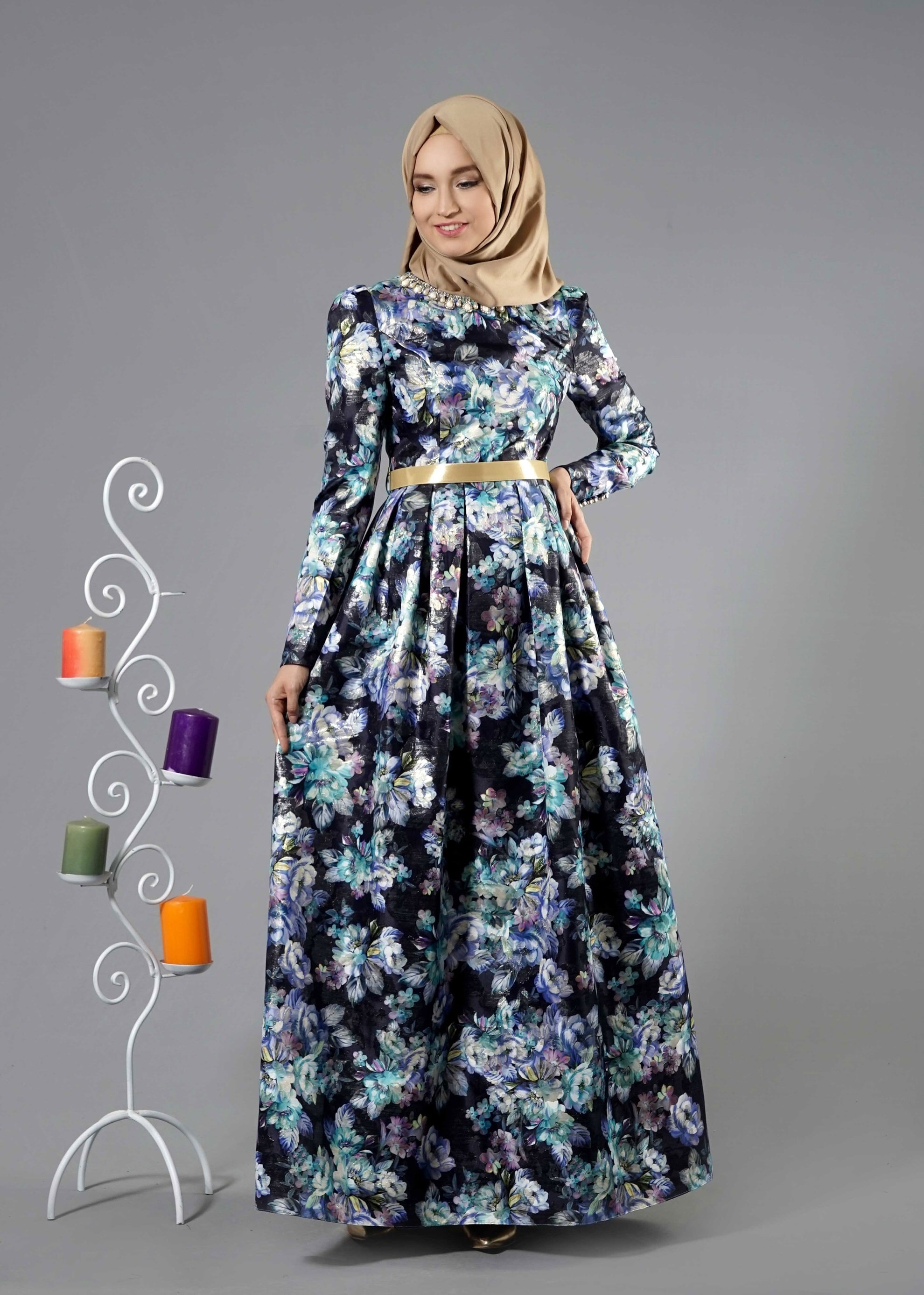 Tesettür giyim LACİVERT 5231-1 Jakar Tesettür 1350 Abiye 36/40(38)