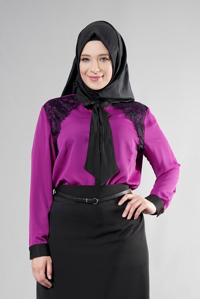 Vêtements hijab POURPRE BLOUSE BRODÉE DÉTAIL COL NOUÉ 2565 - ALVİNA