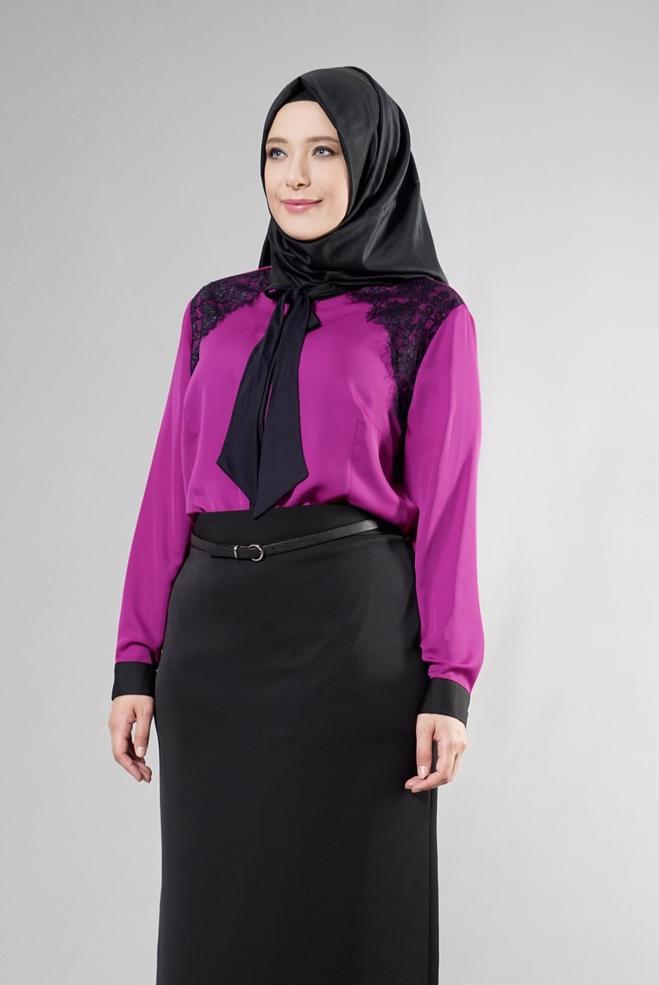 Vêtements hijab POURPRE BLOUSE BRODÉE DÉTAIL COL NOUÉ 2565 - ALVİNA