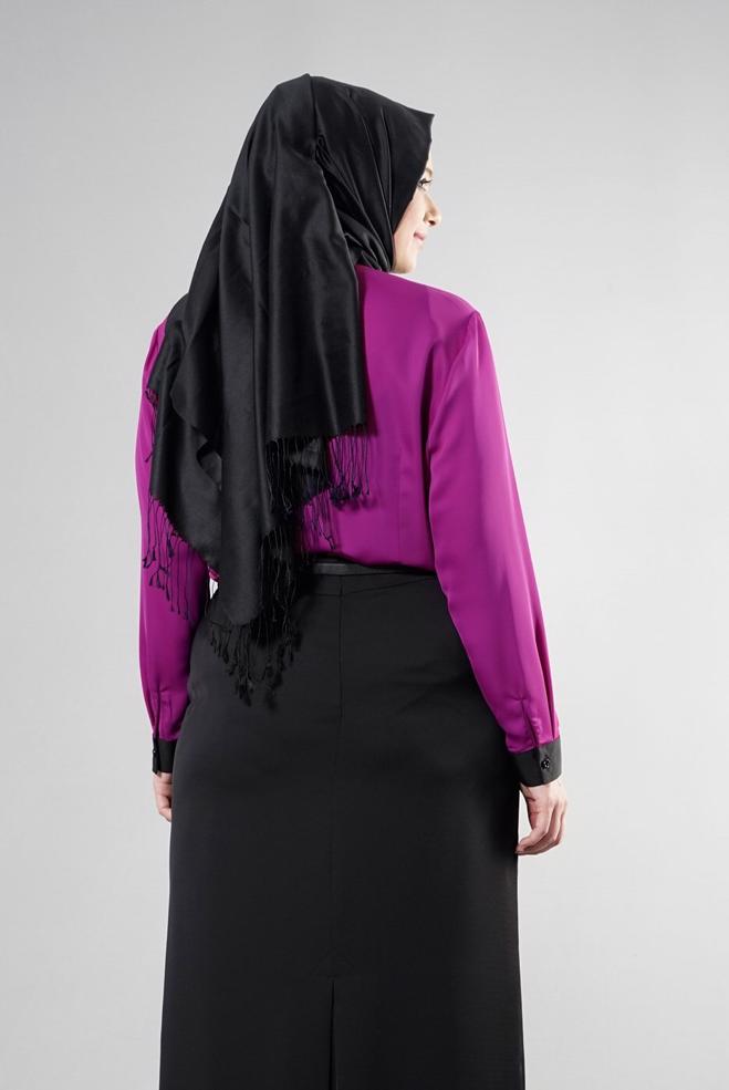 Vêtements hijab POURPRE BLOUSE BRODÉE DÉTAIL COL NOUÉ 2565 - ALVİNA