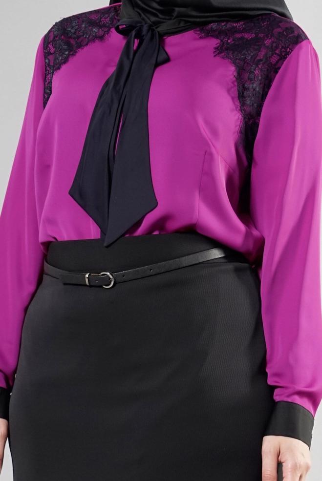 Vêtements hijab POURPRE BLOUSE BRODÉE DÉTAIL COL NOUÉ 2565 - ALVİNA
