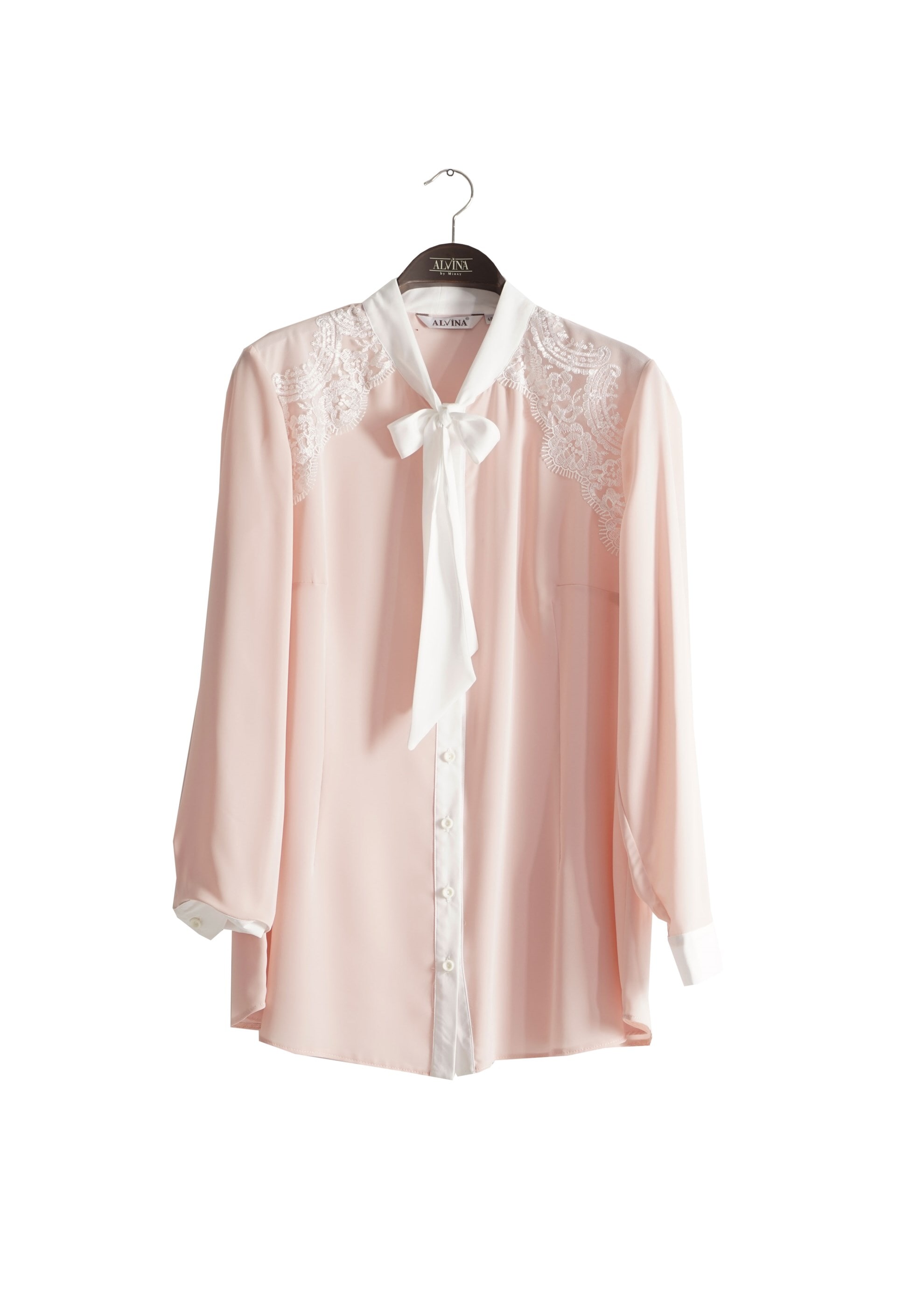 Tesettür giyim PUDRA YAKASI BAĞLAMA DETAYLI NAKIŞ İŞLEMELİ BLUZ 2565