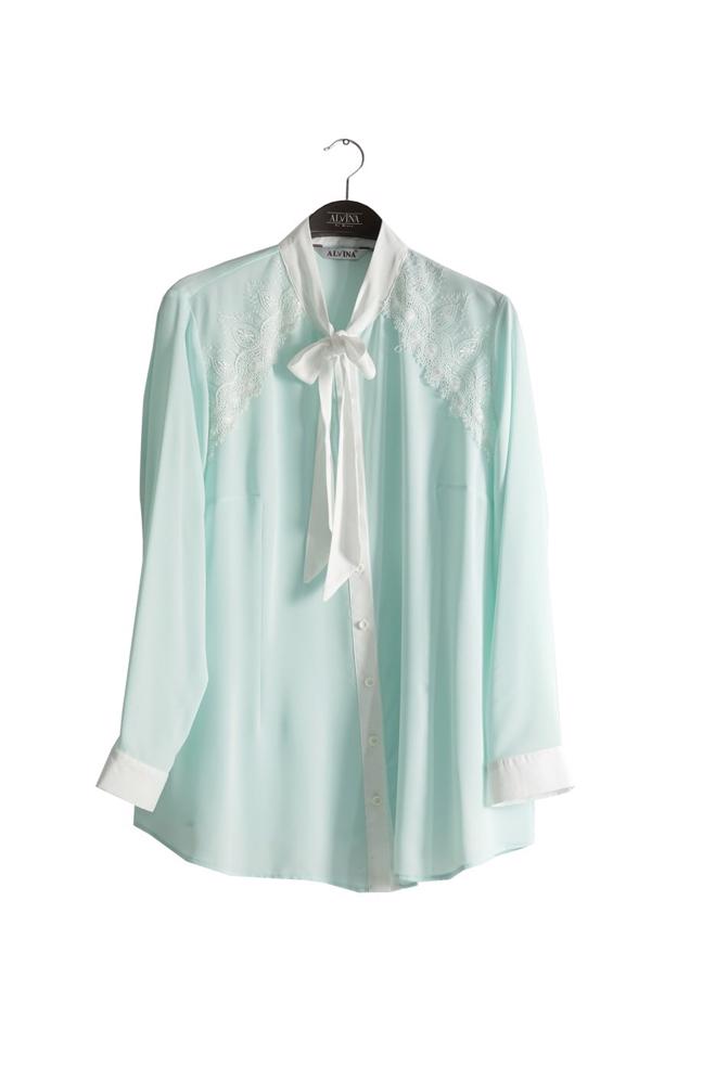 Vêtements hijab VERT BLOUSE BRODÉE DÉTAIL COL NOUÉ 2565 - ALVİNA