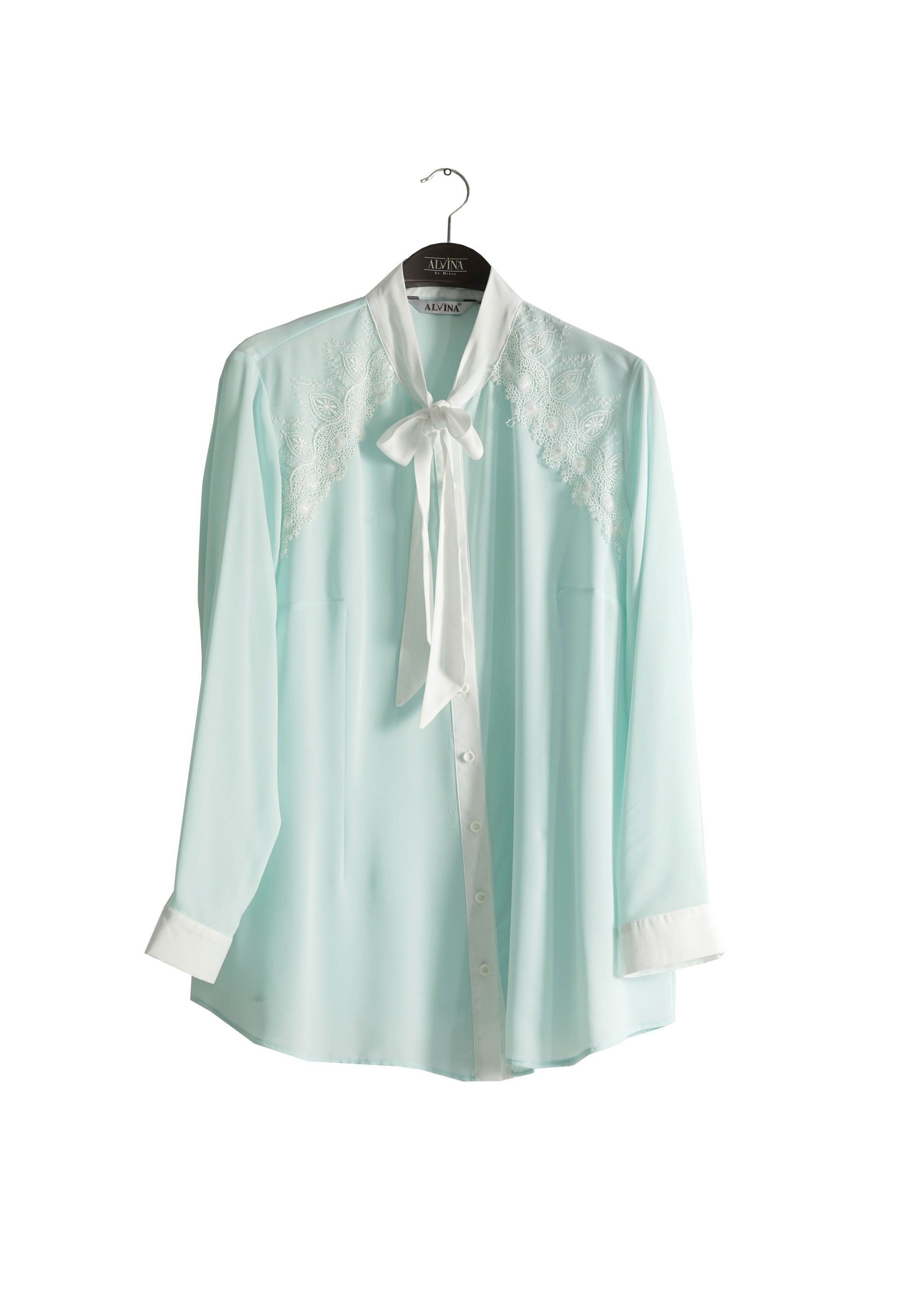 Vêtements hijab VERT BLOUSE BRODÉE DÉTAIL COL NOUÉ 2565