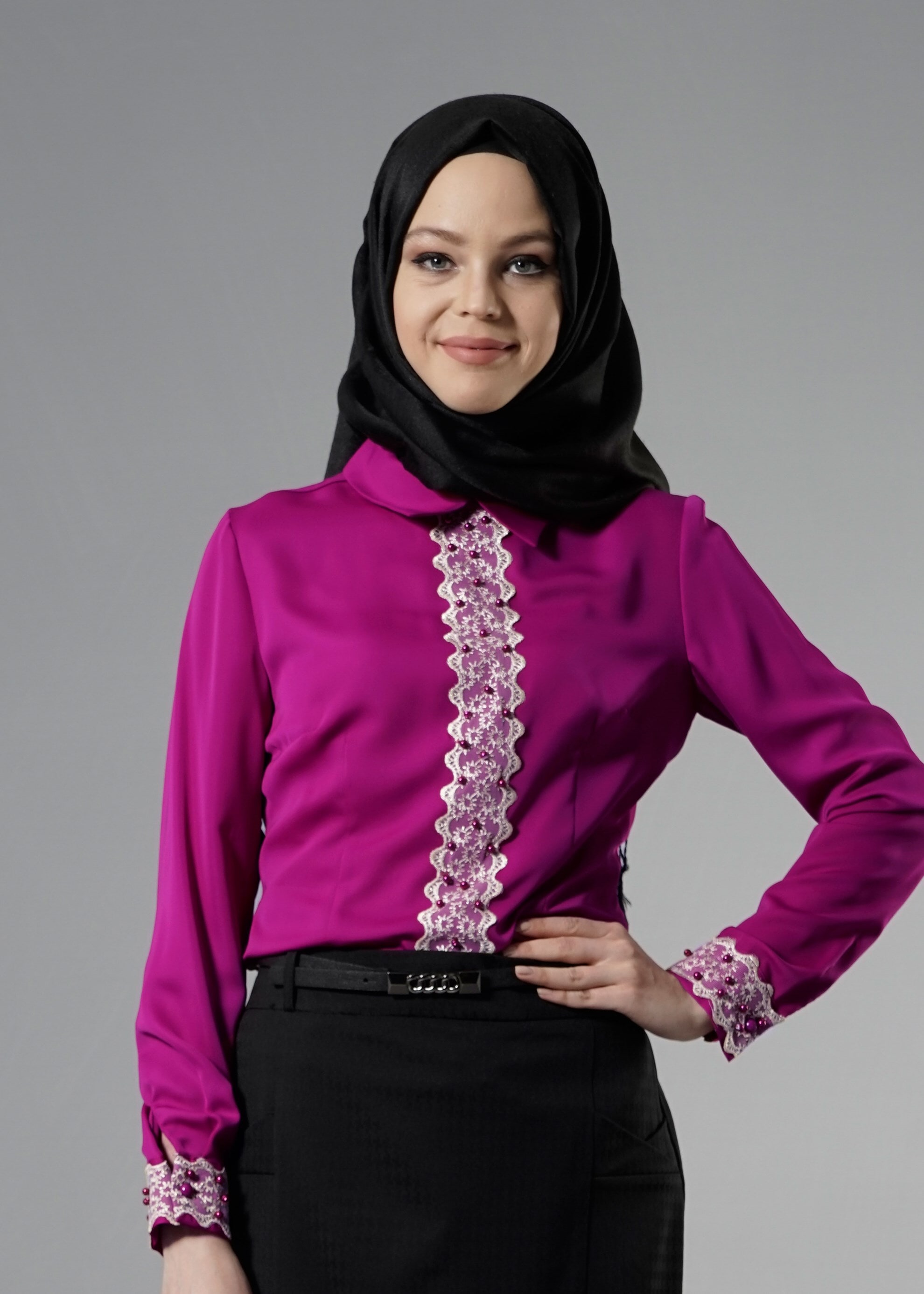 Tesettür giyim MOR İNCİLİ GÜPÜR DETAYLI BLUZ 4238