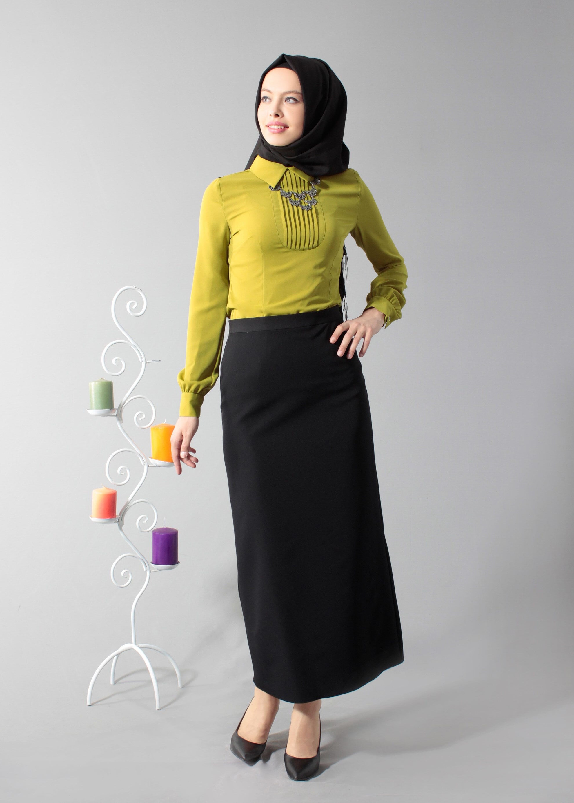 Tesettür giyim YEŞİL MANŞETLERİ BAĞLAMALI GÖMLEK YAKA BLUZ 4346