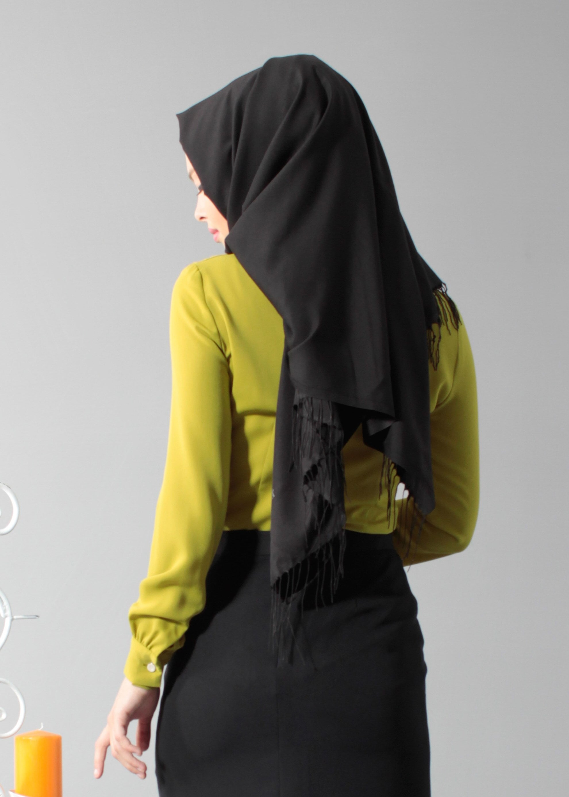 Tesettür giyim YEŞİL MANŞETLERİ BAĞLAMALI GÖMLEK YAKA BLUZ 4346