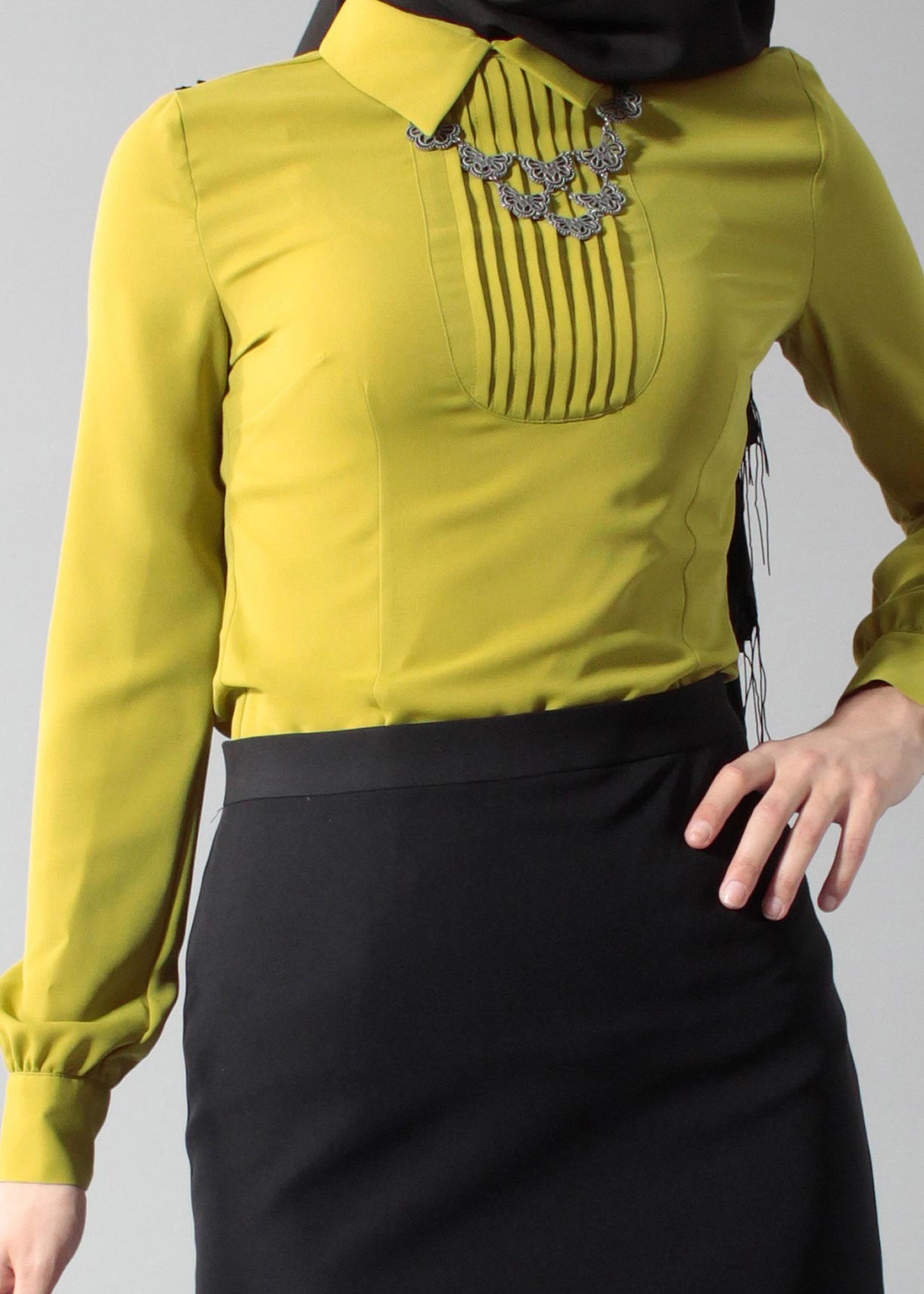 Tesettür giyim YEŞİL MANŞETLERİ BAĞLAMALI GÖMLEK YAKA BLUZ 4346