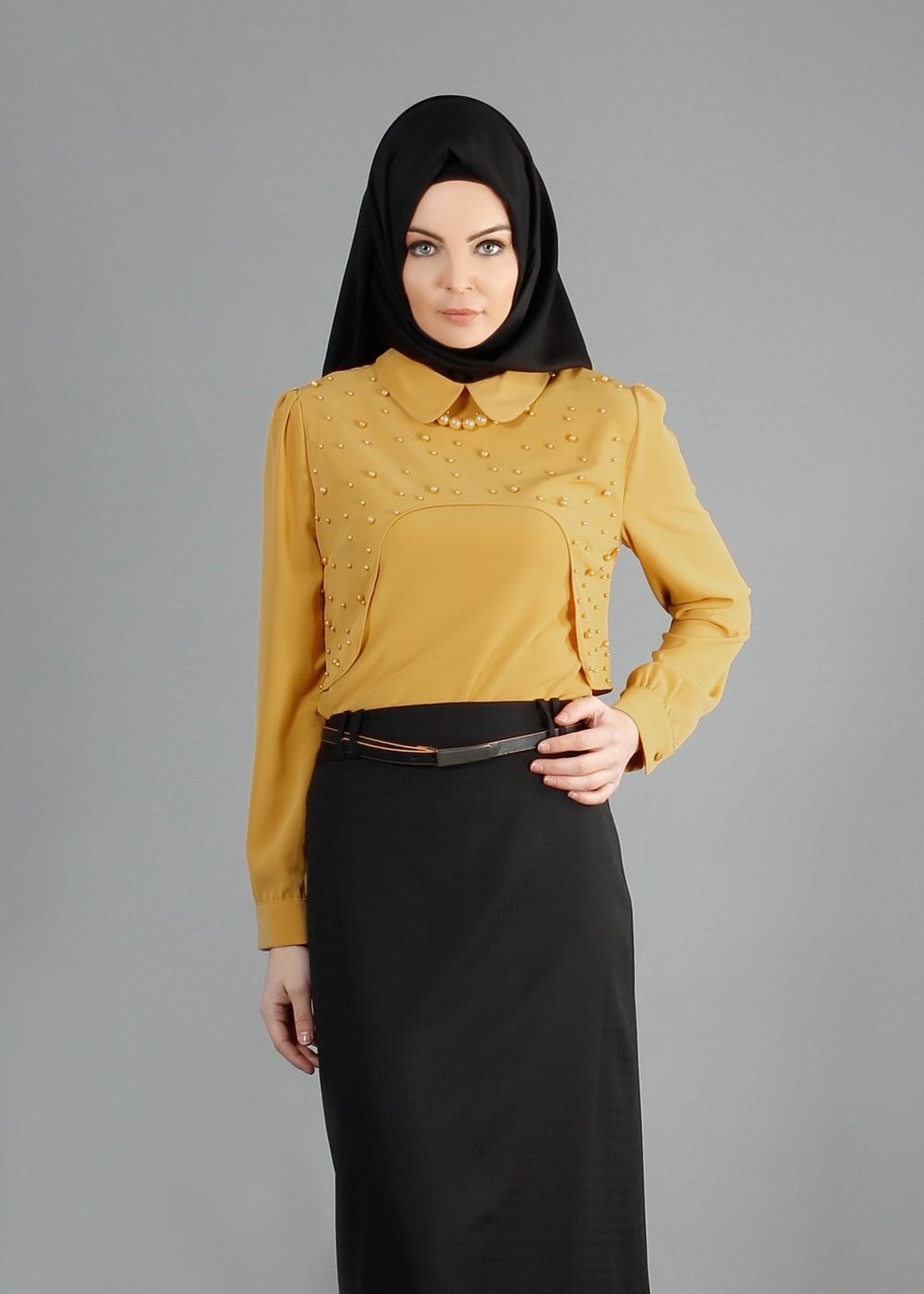 Tesettür giyim SARI ÖNÜ İNCİ İŞLEMELİ BLUZ 4409