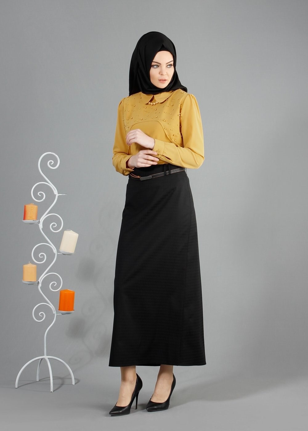 Tesettür giyim SARI ÖNÜ İNCİ İŞLEMELİ BLUZ 4409