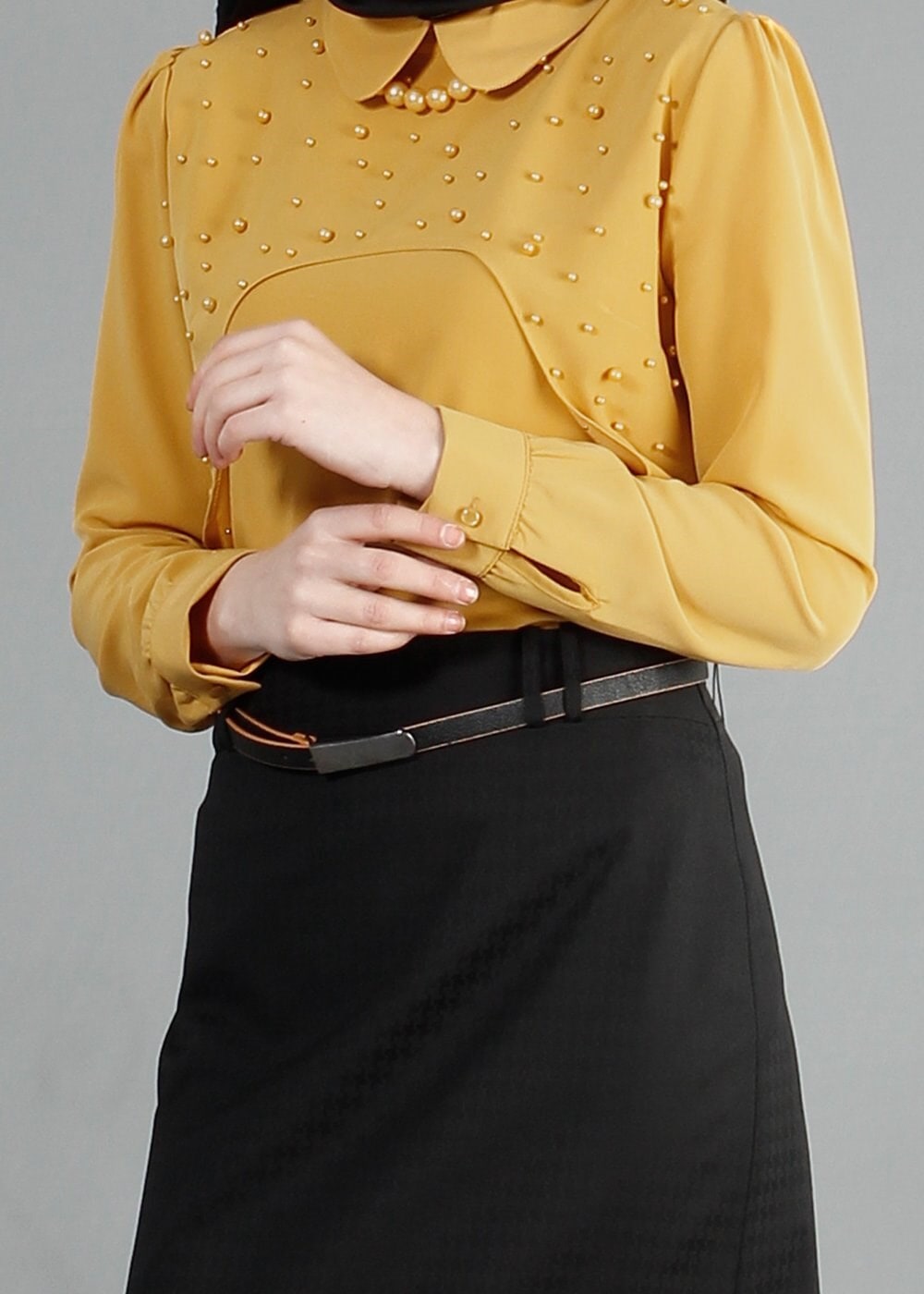 Tesettür giyim SARI ÖNÜ İNCİ İŞLEMELİ BLUZ 4409