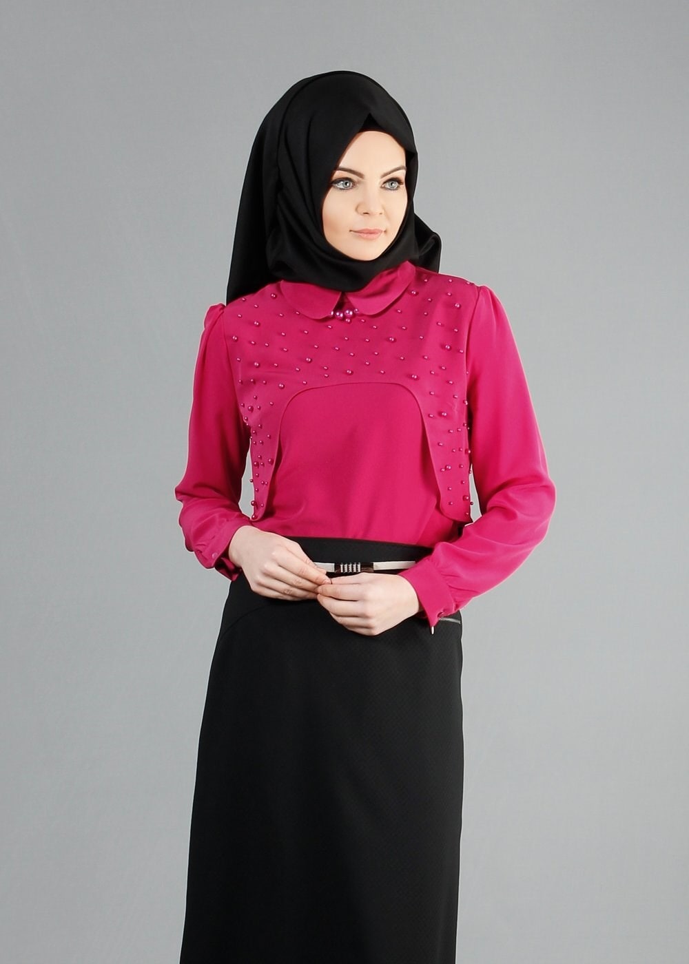 Tesettür giyim FUŞYA ÖNÜ İNCİ İŞLEMELİ BLUZ 4409
