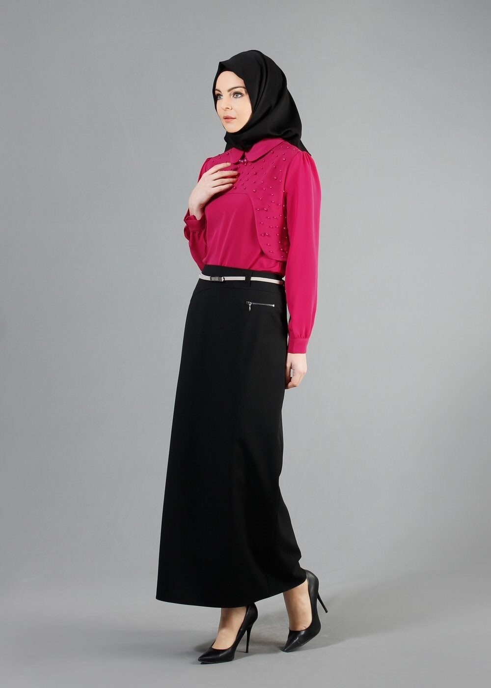 Tesettür giyim FUŞYA ÖNÜ İNCİ İŞLEMELİ BLUZ 4409