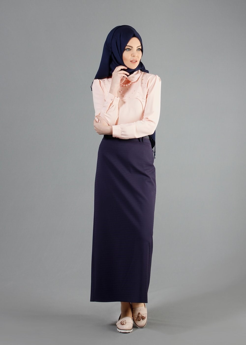 Tesettür giyim PUDRA ÖNÜ İNCİ İŞLEMELİ BLUZ 4409