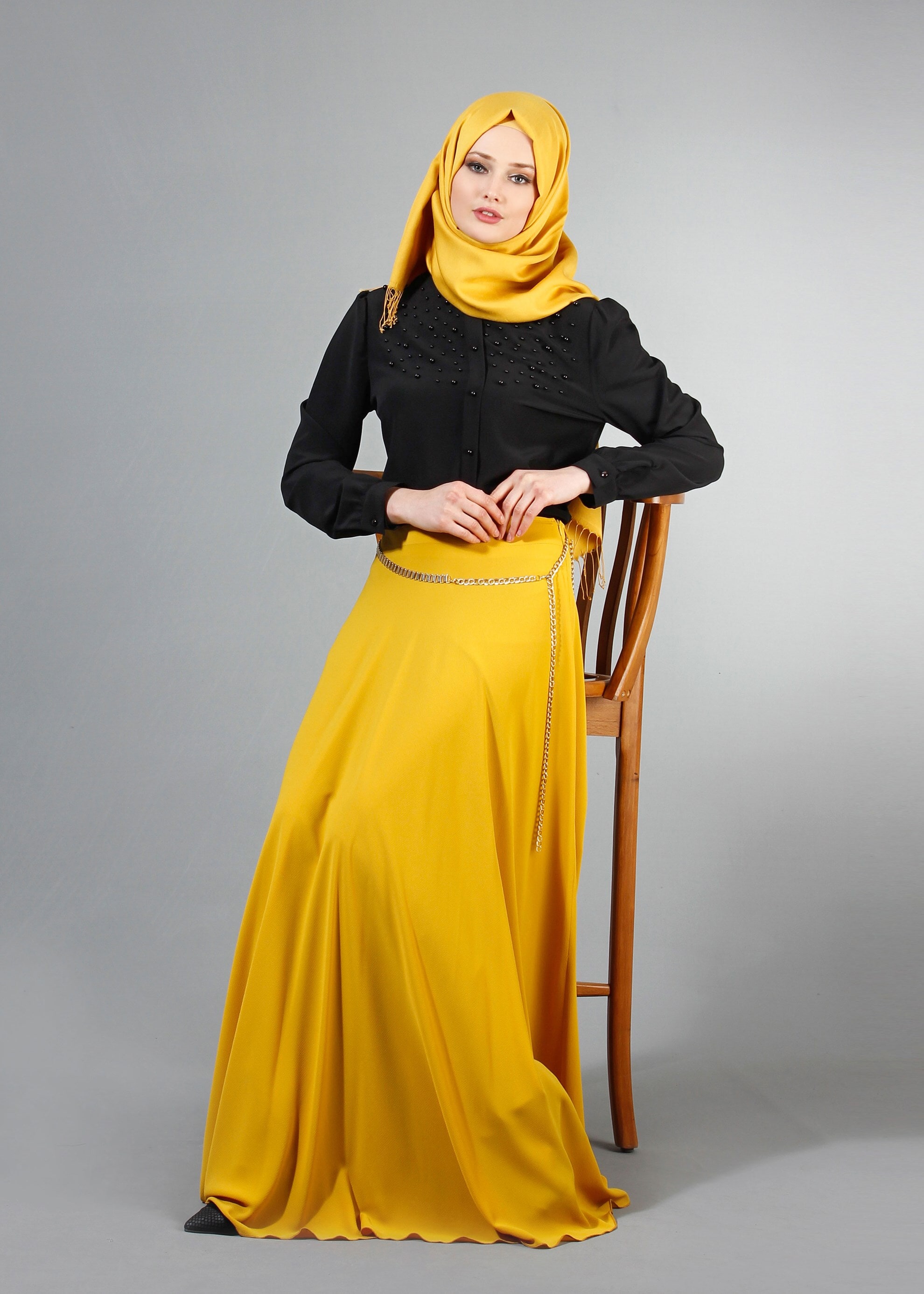 Tesettür giyim SİYAH İNCİ İŞLEME DETAYLI BLUZ 4411