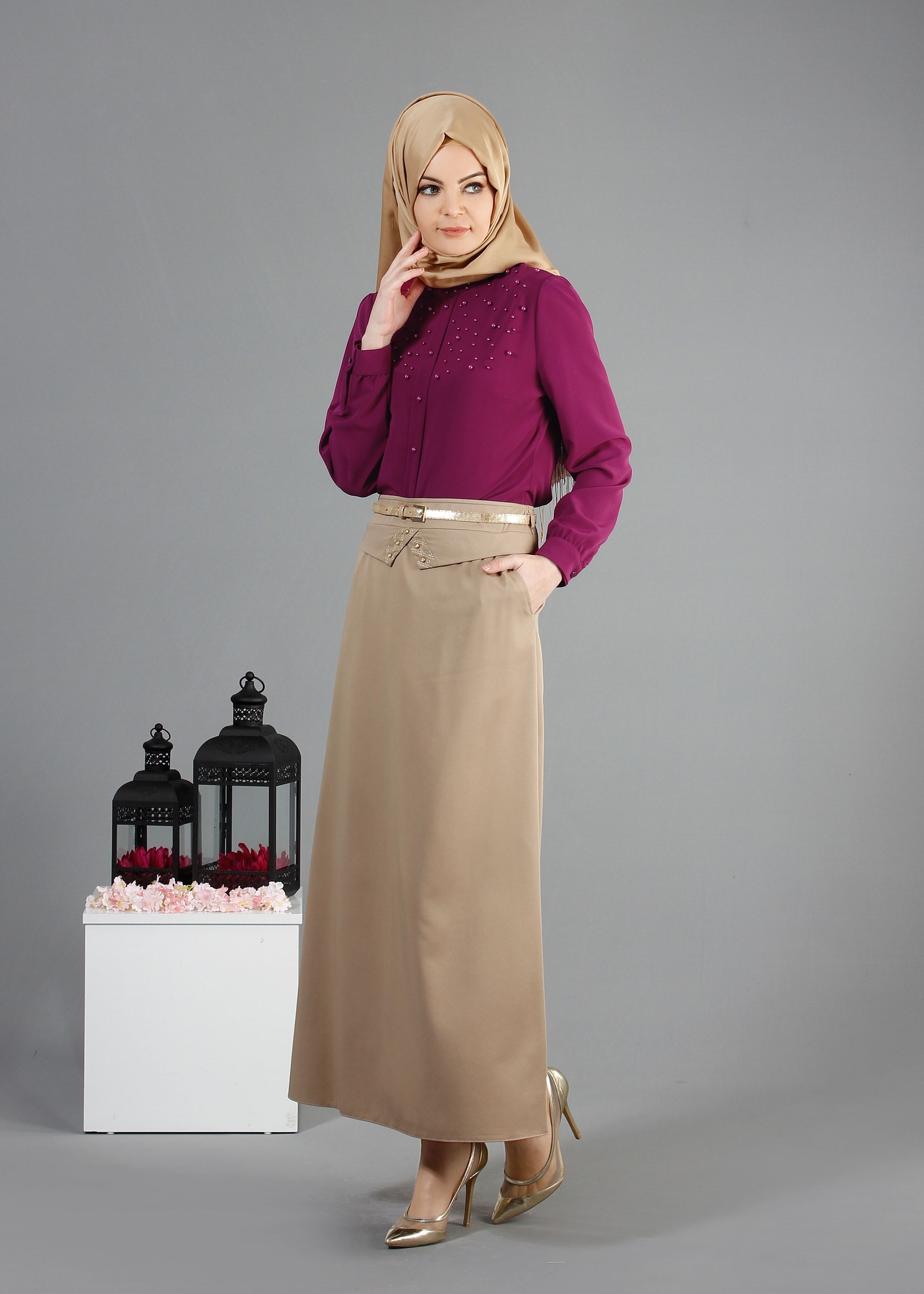 Tesettür giyim BORDO İNCİ İŞLEME DETAYLI BLUZ 4411