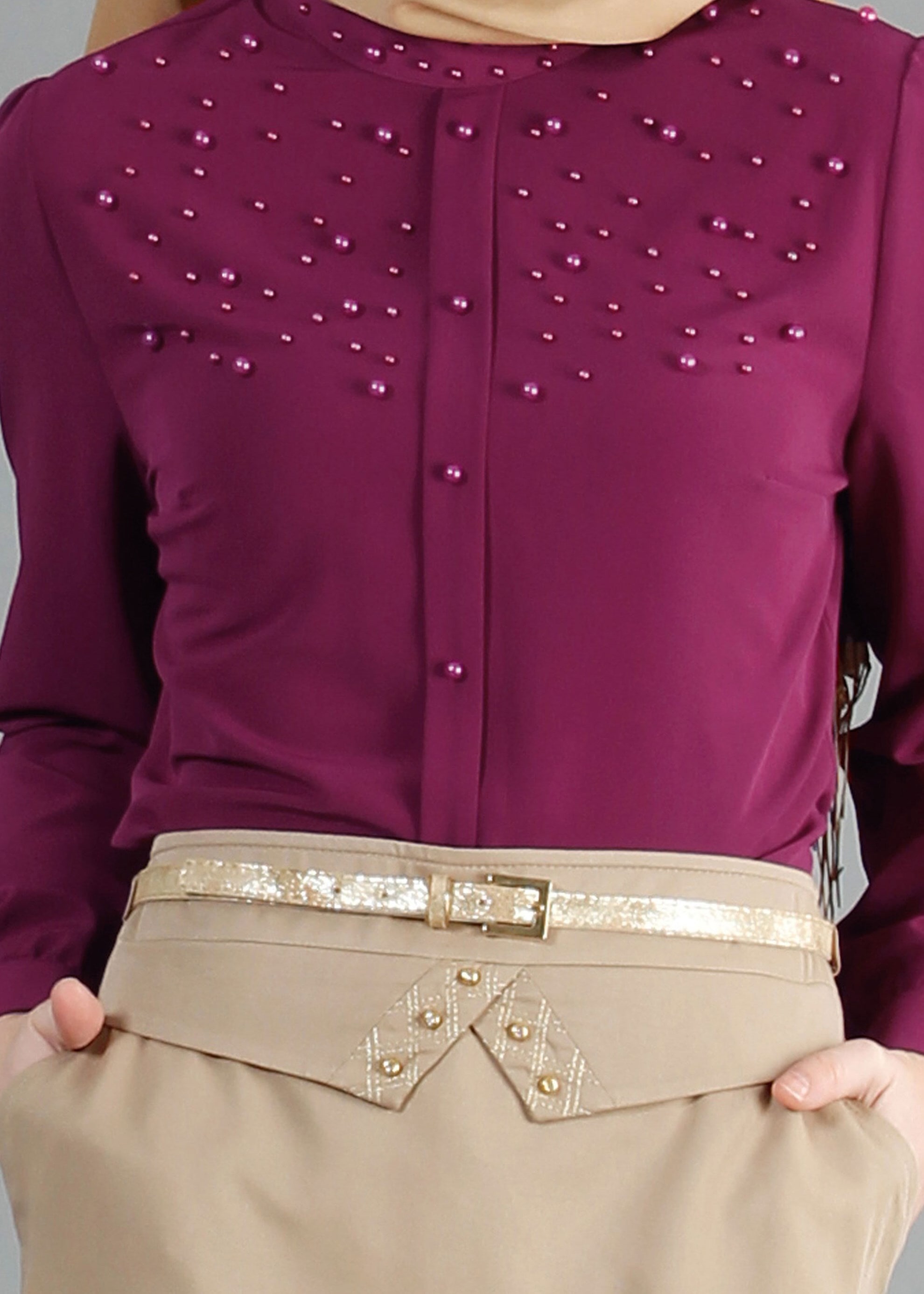 Tesettür giyim BORDO İNCİ İŞLEME DETAYLI BLUZ 4411