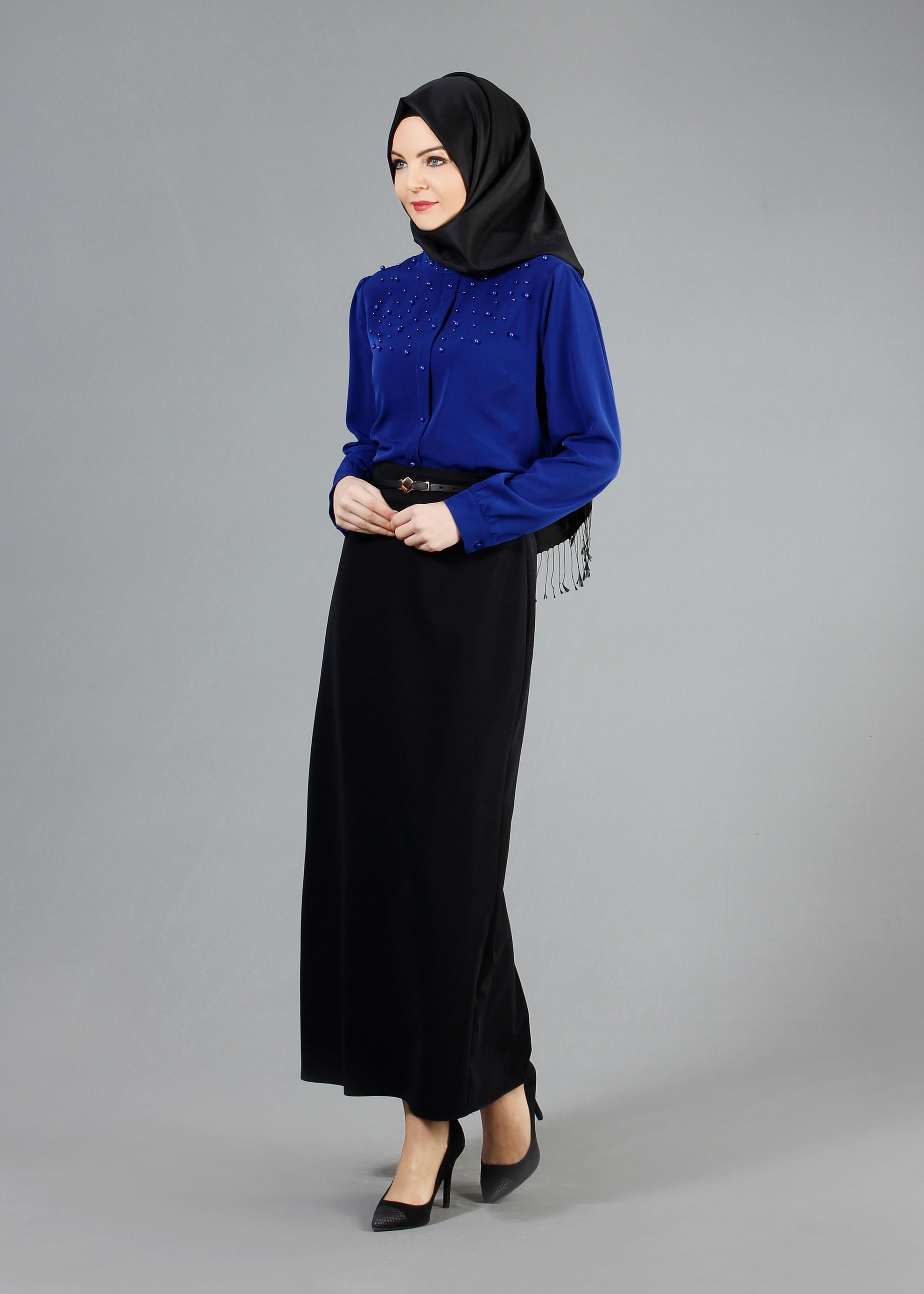 Tesettür giyim MAVİ İNCİ İŞLEME DETAYLI BLUZ 4411