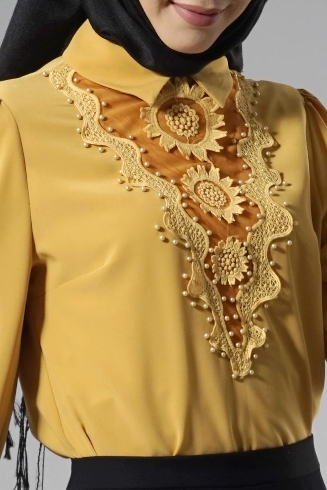 Tesettür giyim SARI NAKIŞ İŞLEMELİ İNCİ DETAYLI BLUZ 4431 - ALVİNA