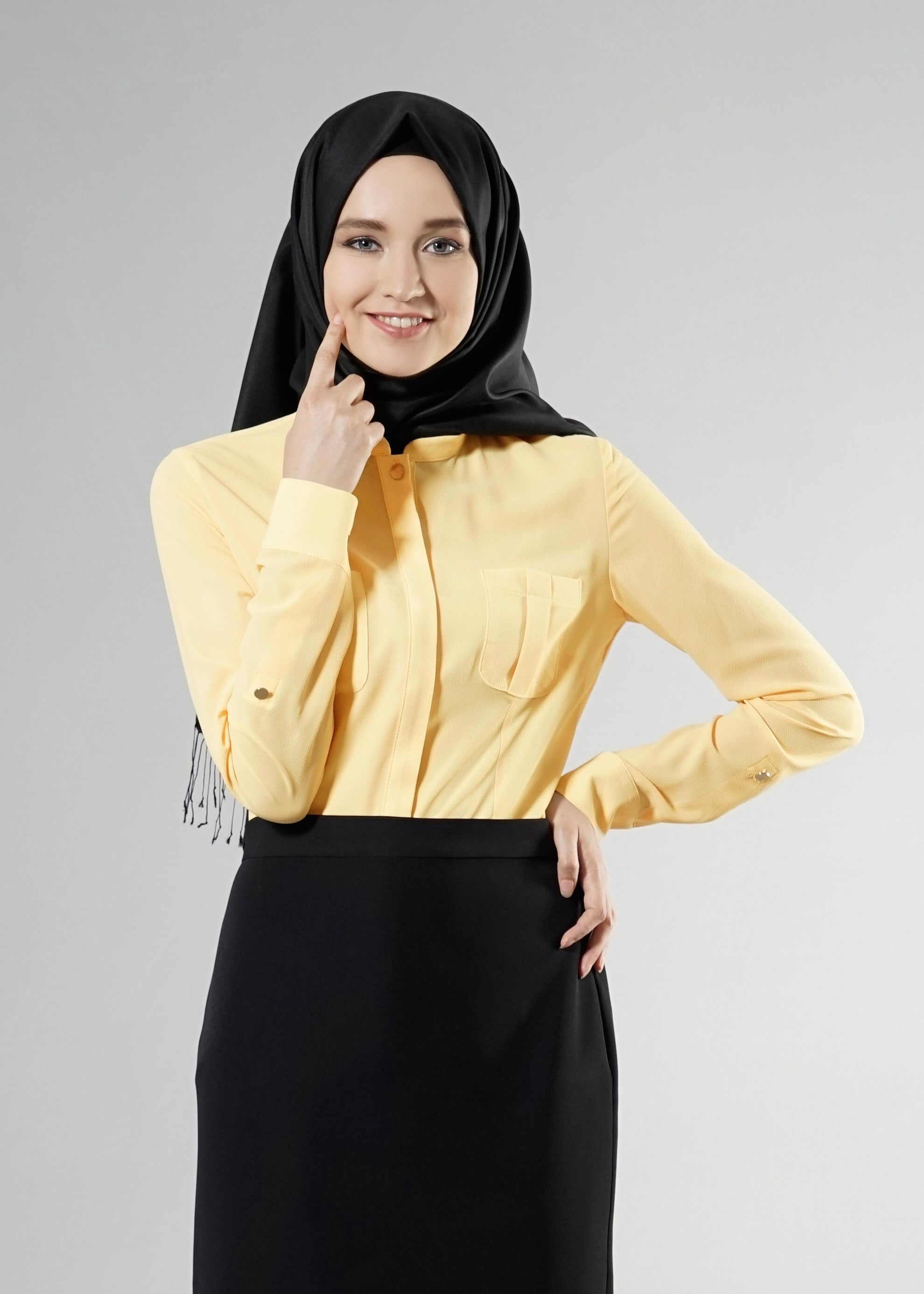 Tesettür giyim SARI CEP DETAYLI GİZLİ DÜĞMELİ BLUZ 4475