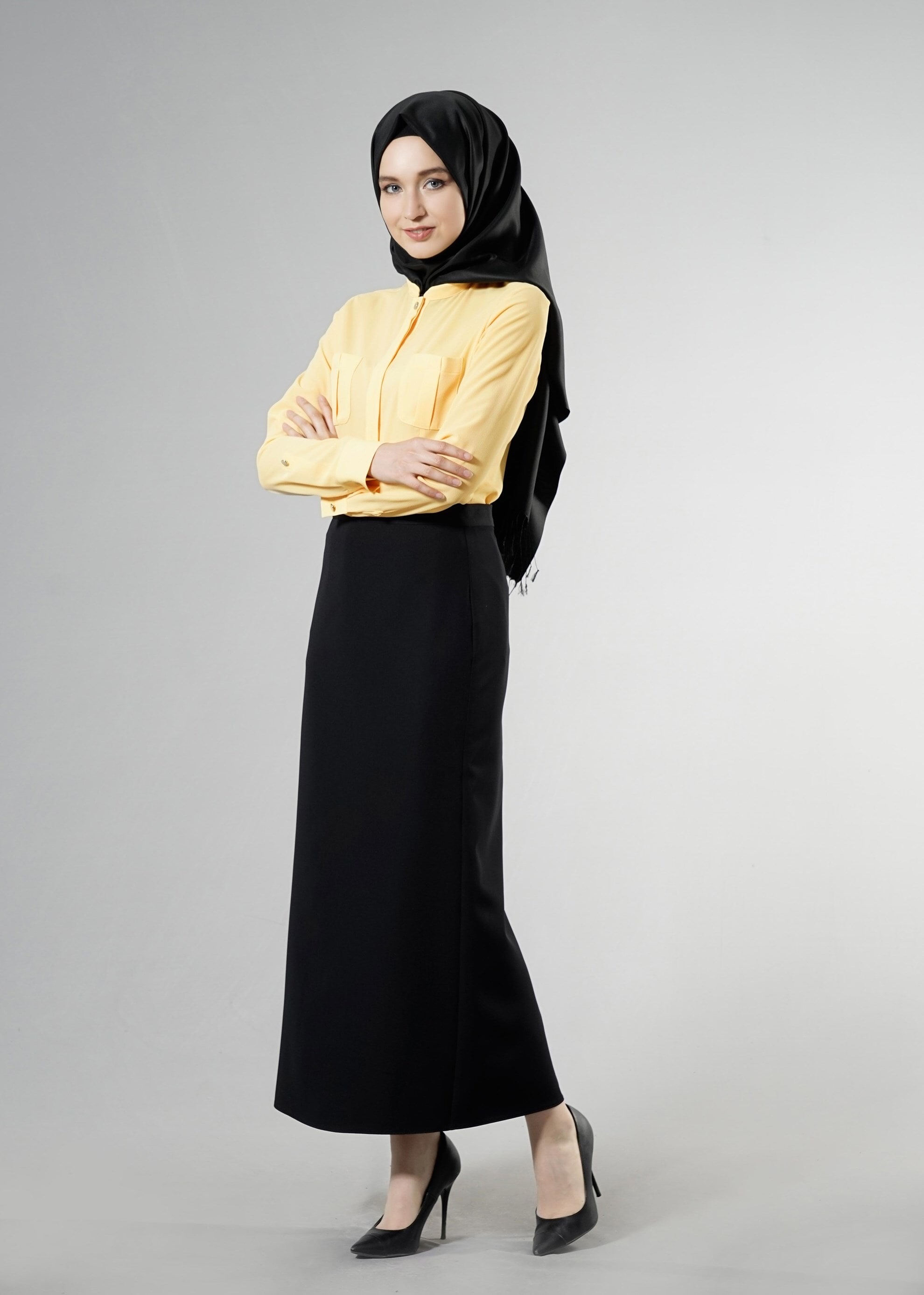 Tesettür giyim SARI CEP DETAYLI GİZLİ DÜĞMELİ BLUZ 4475