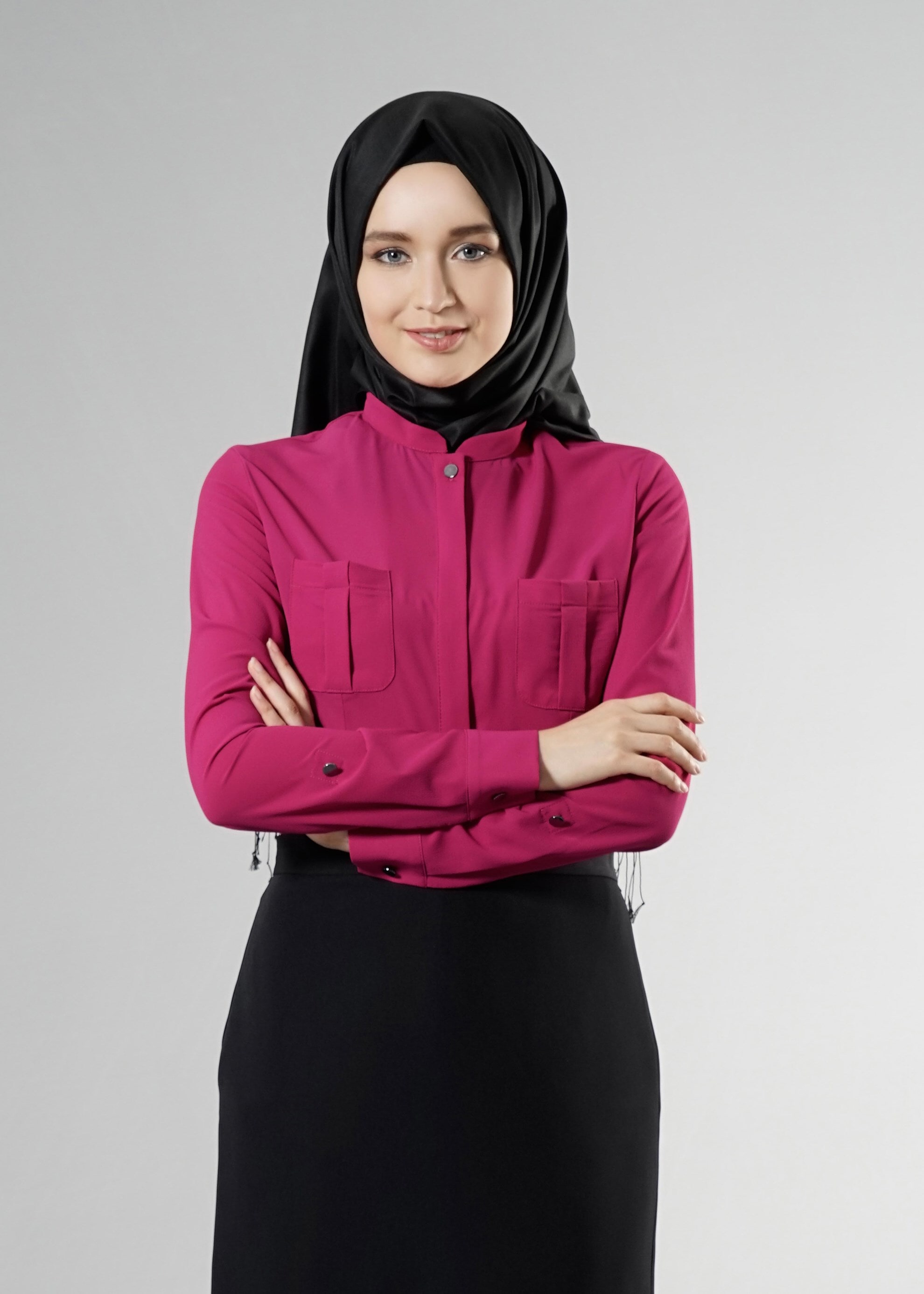 Tesettür giyim FUŞYA CEP DETAYLI GİZLİ DÜĞMELİ BLUZ 4475