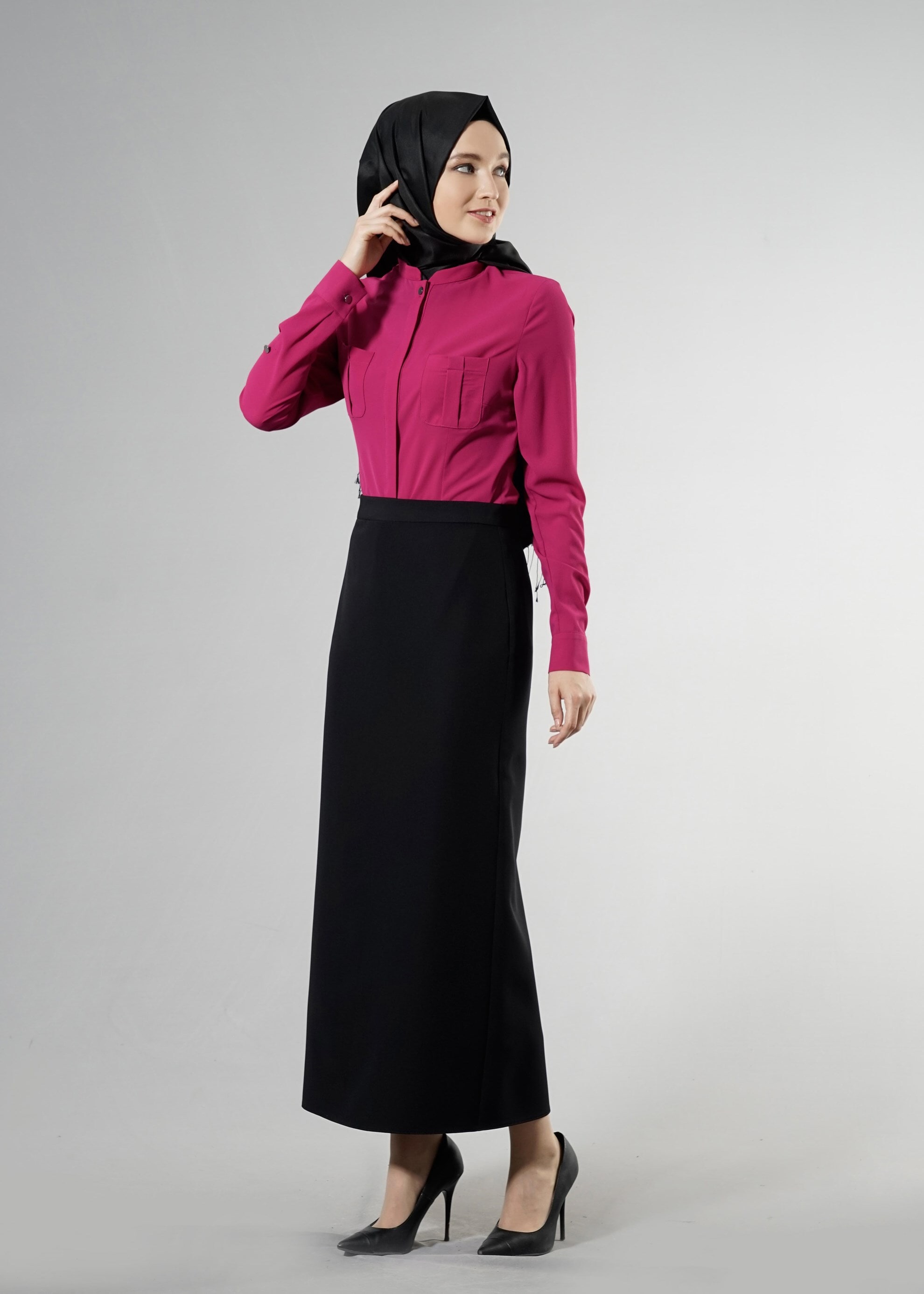 Tesettür giyim FUŞYA CEP DETAYLI GİZLİ DÜĞMELİ BLUZ 4475