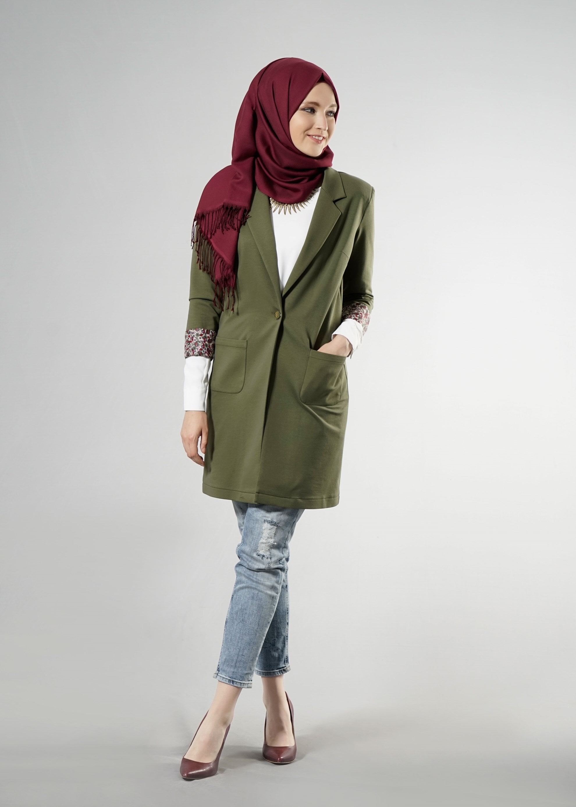 Tesettür giyim HAKİ 4524 Hilda Tesettür Ceket 36/44(38-40) TEK42