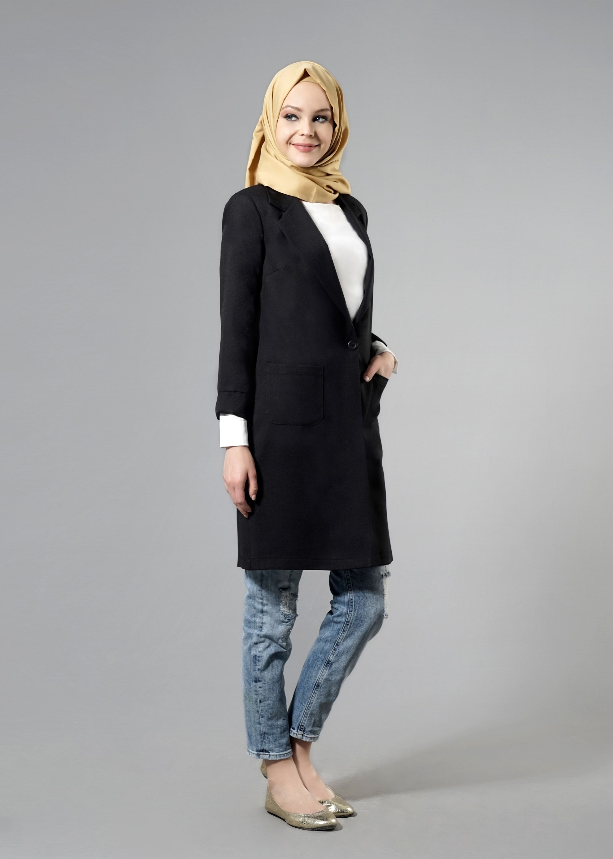 Tesettür giyim SİYAH 4525 New Shine Tesettür Ceket 38/46 TEK40