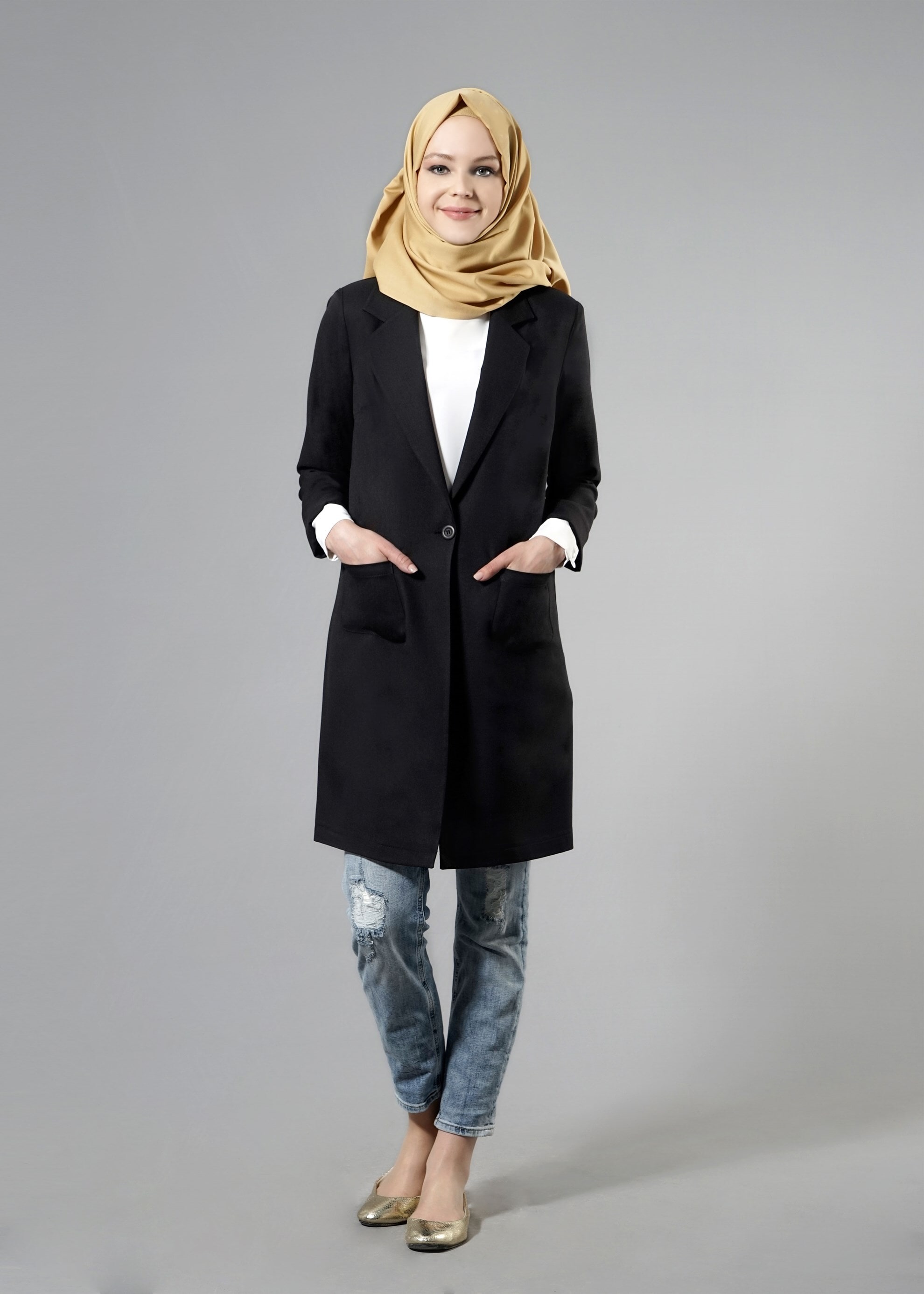 Tesettür giyim SİYAH 4525 New Shine Tesettür Ceket 38/46 TEK40
