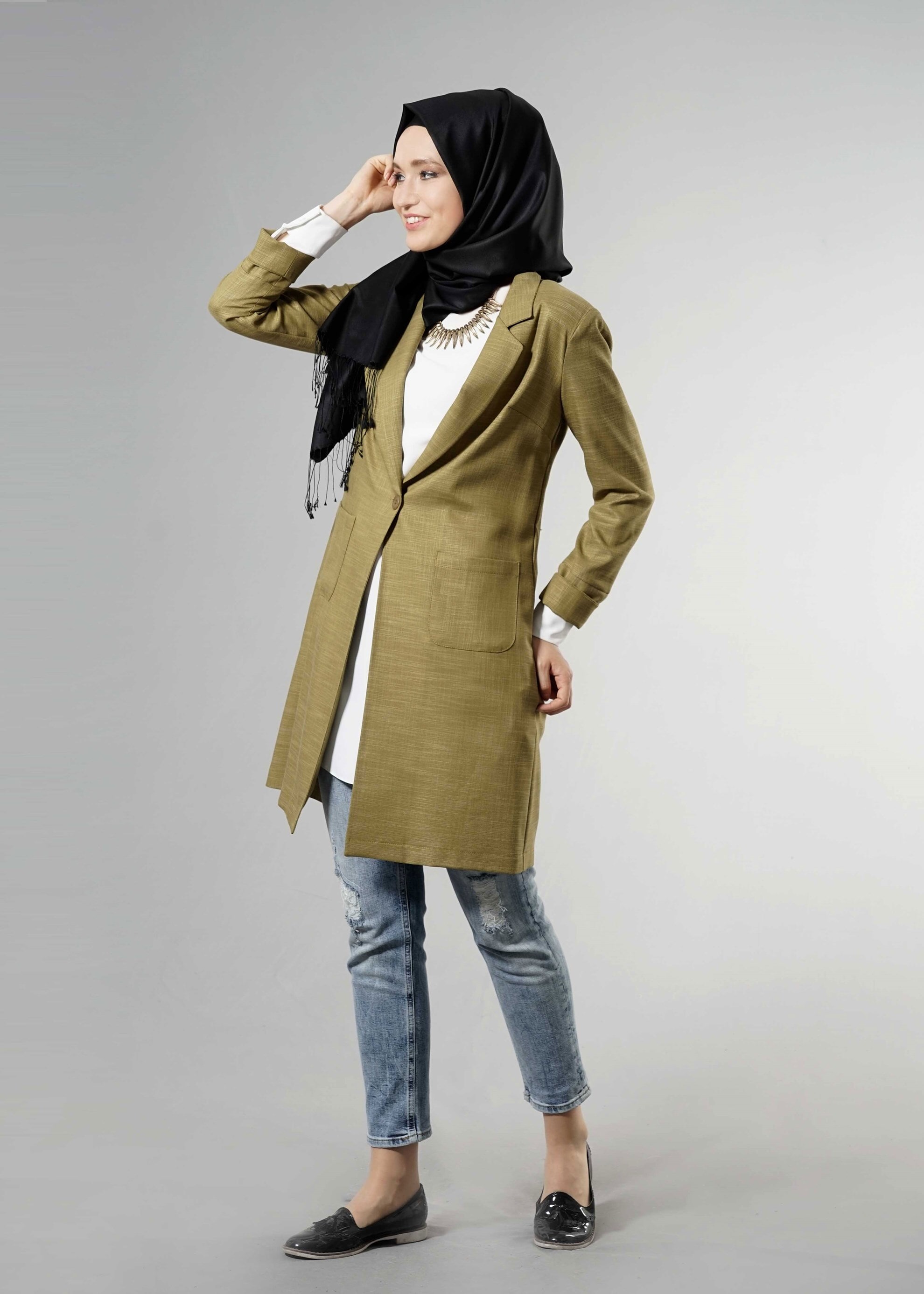 Tesettür giyim YEŞİL 4525 New Shine Tesettür Ceket 38/46 TEK40