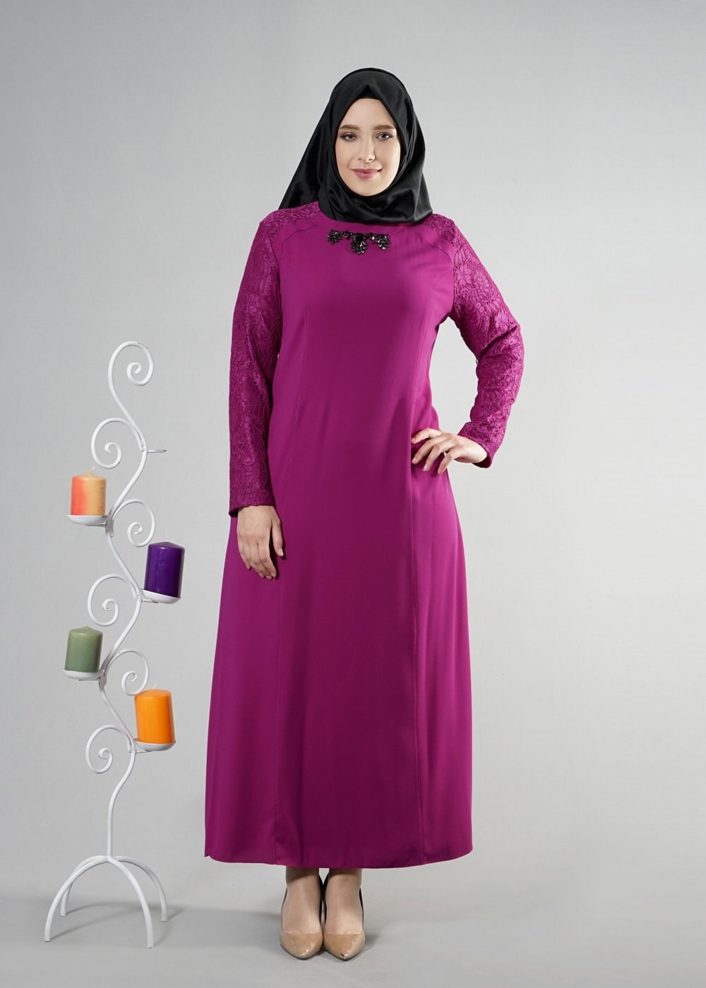 Hijab clothing PURPLE 2595 Duru Crep Tesettür Elbise 44/48 TEK42