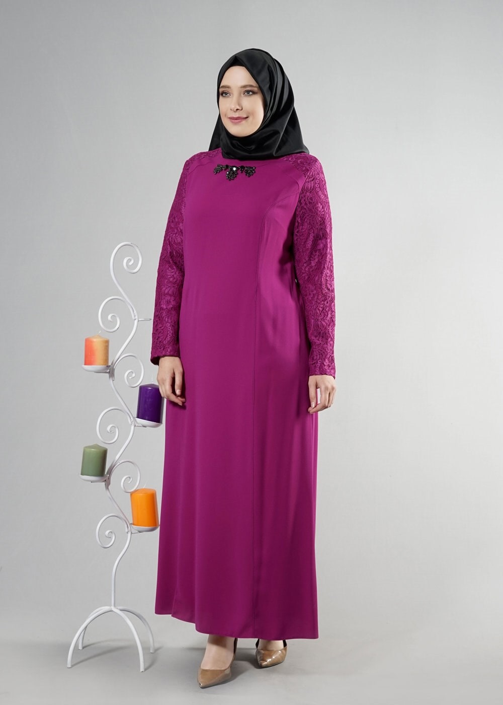 Hijab clothing PURPLE 2595 Duru Crep Tesettür Elbise 44/48 TEK42